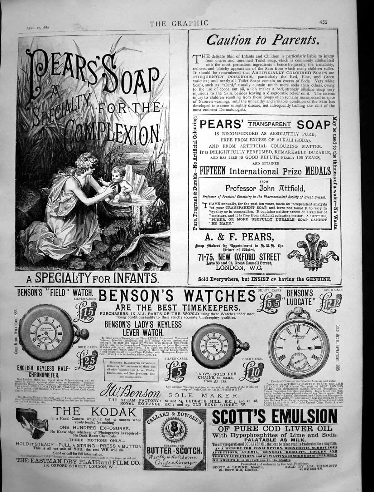 Antique Old Print Scotts Emulsion Cod Liver Oil Bensons Watches Kodak 1889 19th