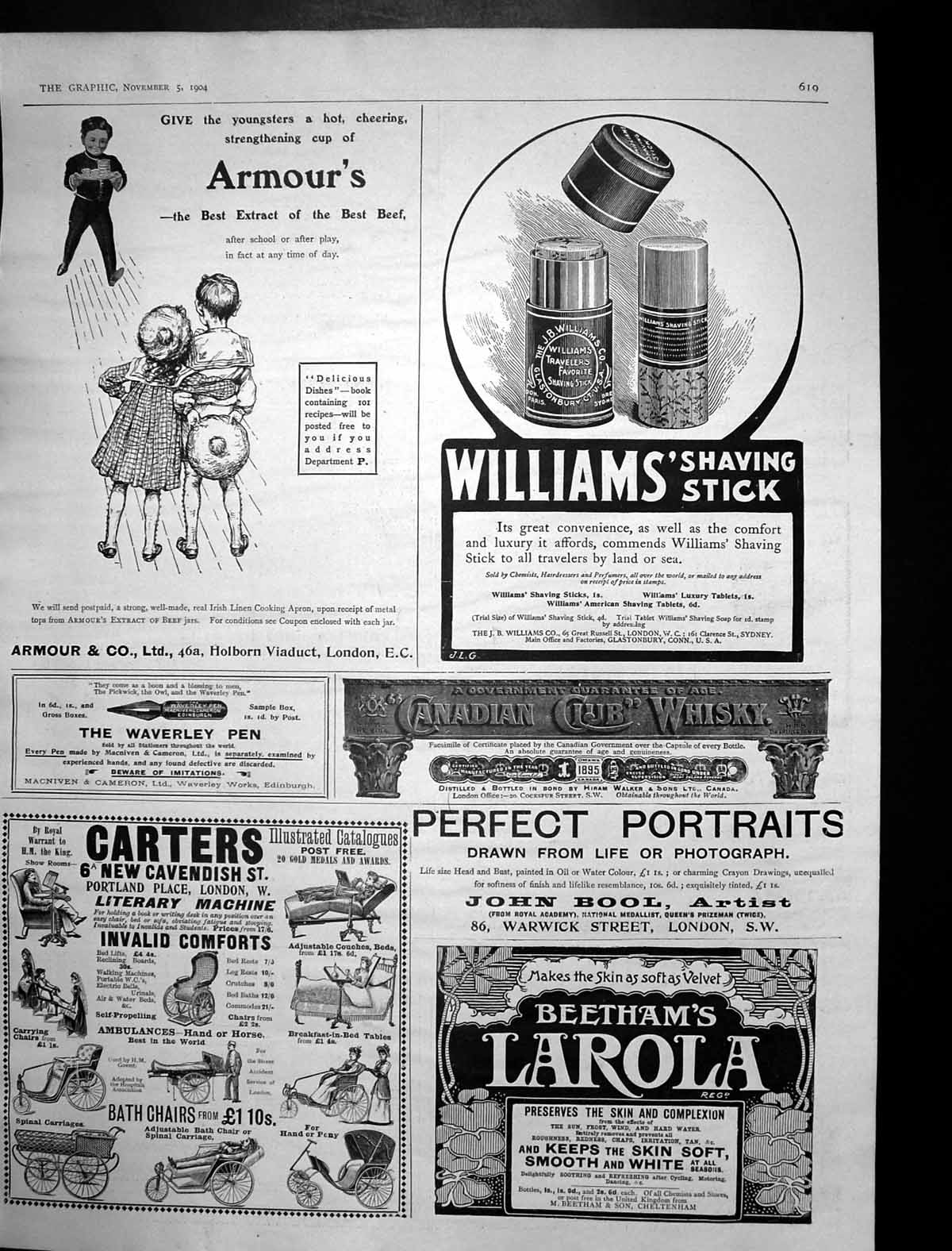 Antique Print Armours Extract Beef Williams Shaving Stick Waverley Pen 1904