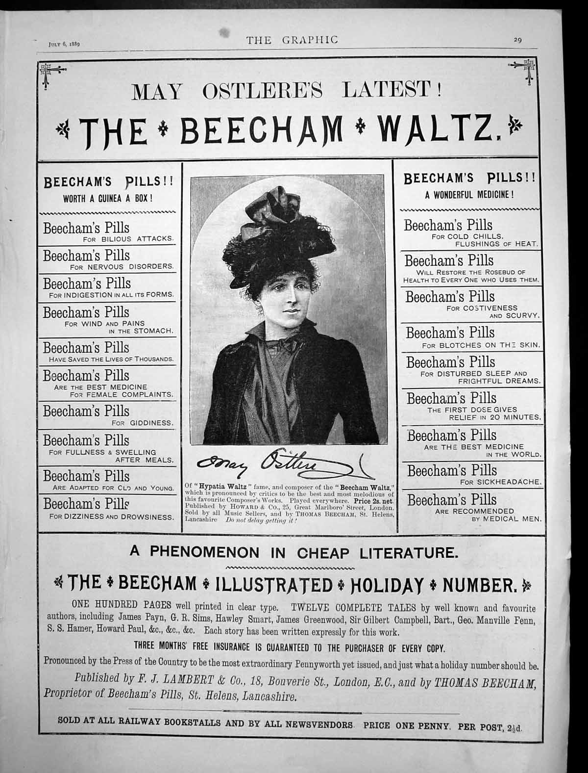 Old Antique Print Beechams Pills May Ostleries Latest Beecham Waltz 1889 19th