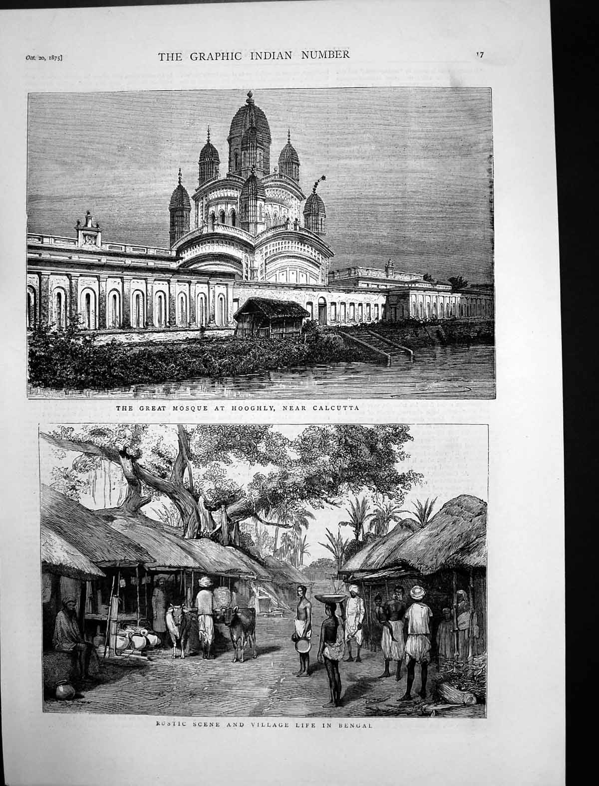 Old Antique Print Great Mosque Hooghly Calcutta Village Life Bengal 1875 19th