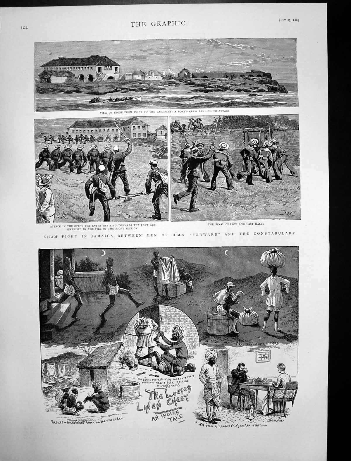 Old Antique Print Sham Fight Jamaica Men Hms Forward & Constabulary 1889 19th