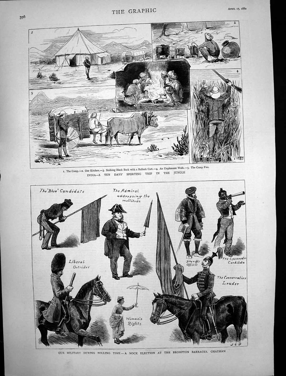Old Print India Sporting Trip Jungle Brompton Barracks Polling Time 1880 19th