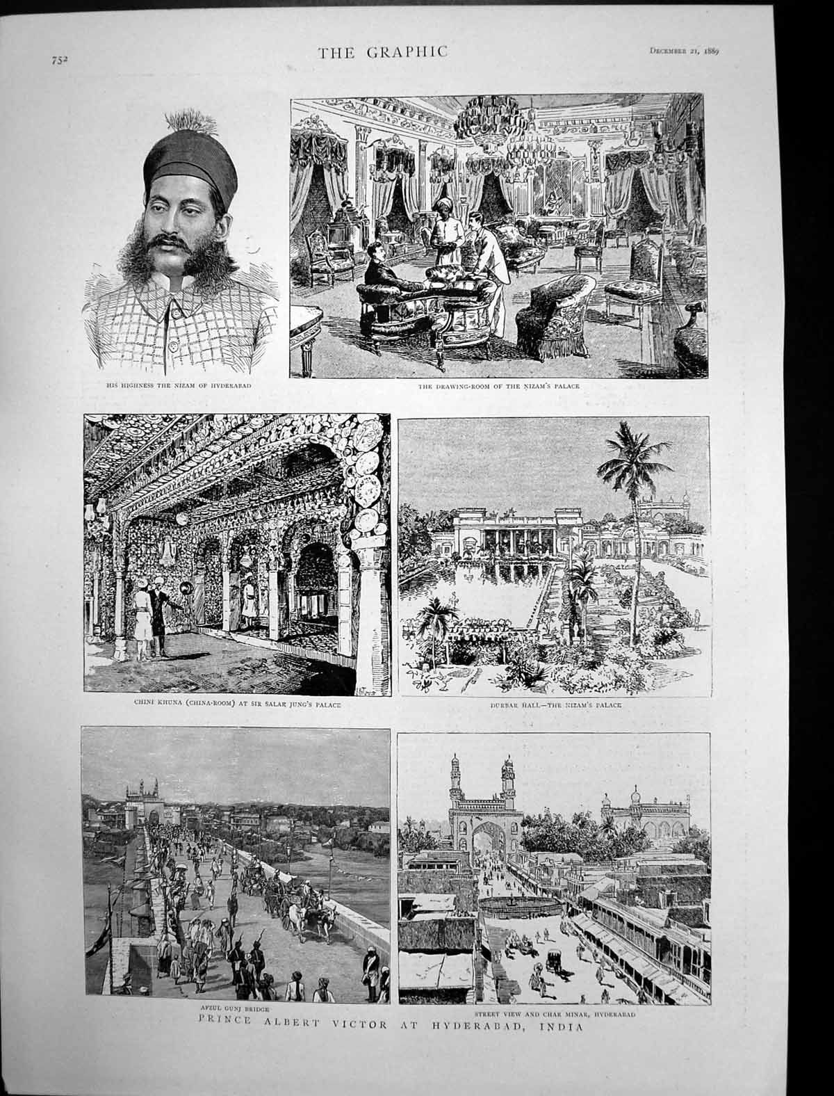 Antique Print Prince Albert Victor Hyderabad Nizams Palace Durbar Hall 1889