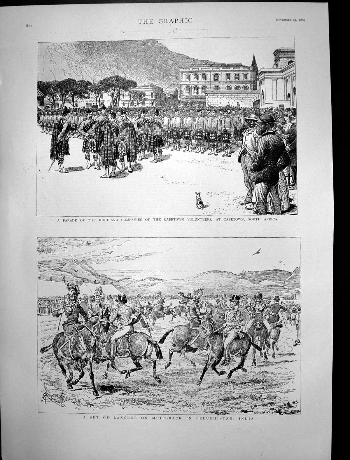 Old Antique Print Mule Back Beluchistan Highland Volunteers Capetown 1889 19th