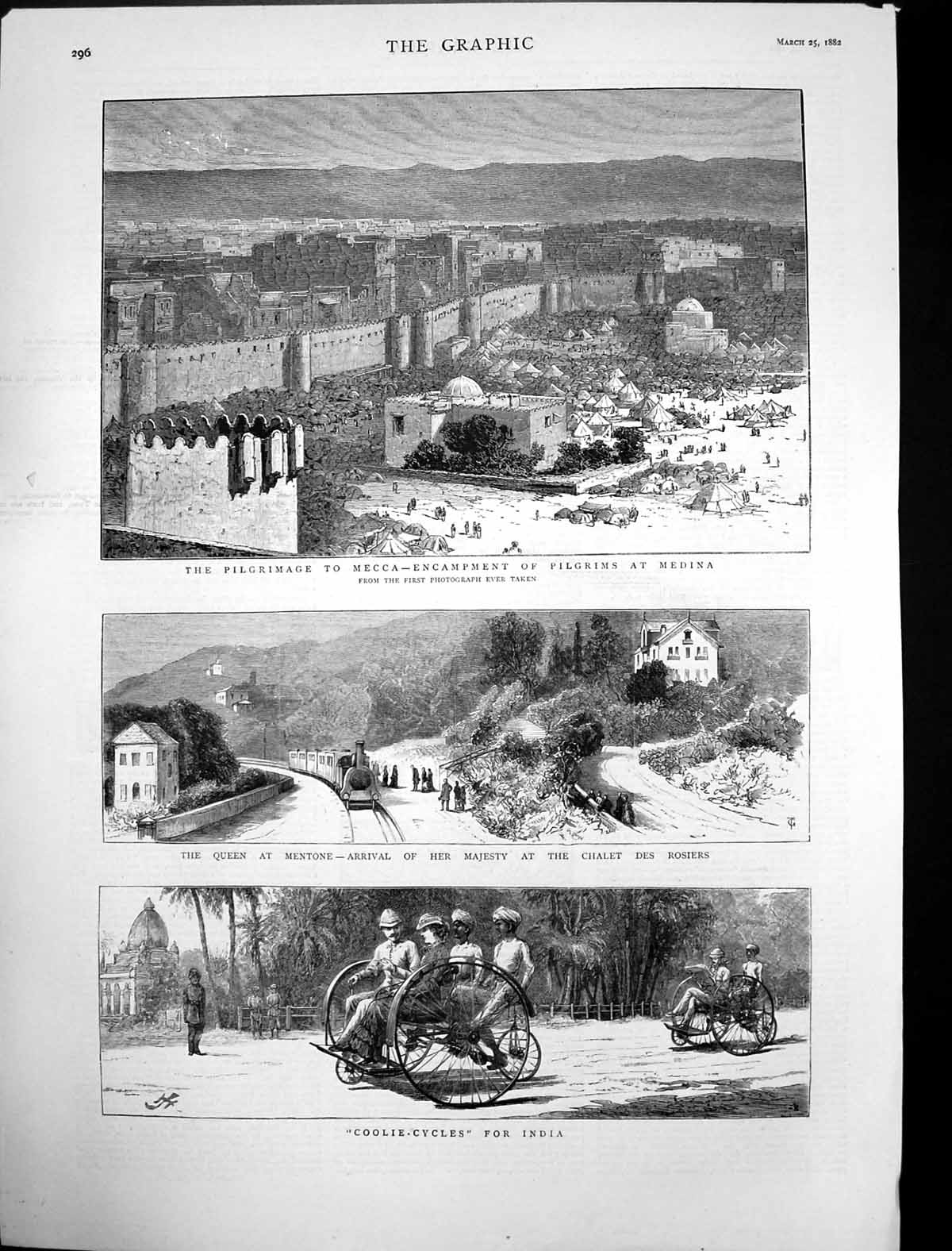 Old Antique Print Pilgrims Medina Queen Mentone Coolie Cycles India 1882 19th