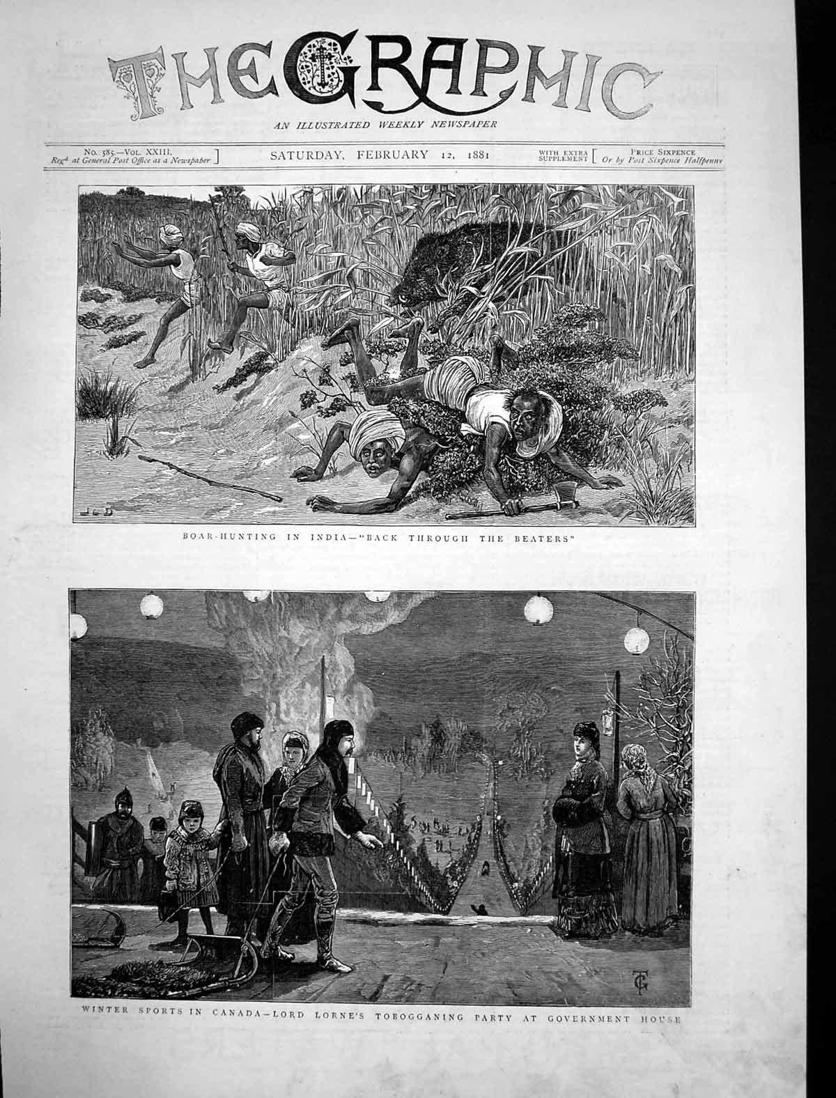 Antique Old Print Winter Sports Canada Tobogganing Boar Hunting India 1881 19th