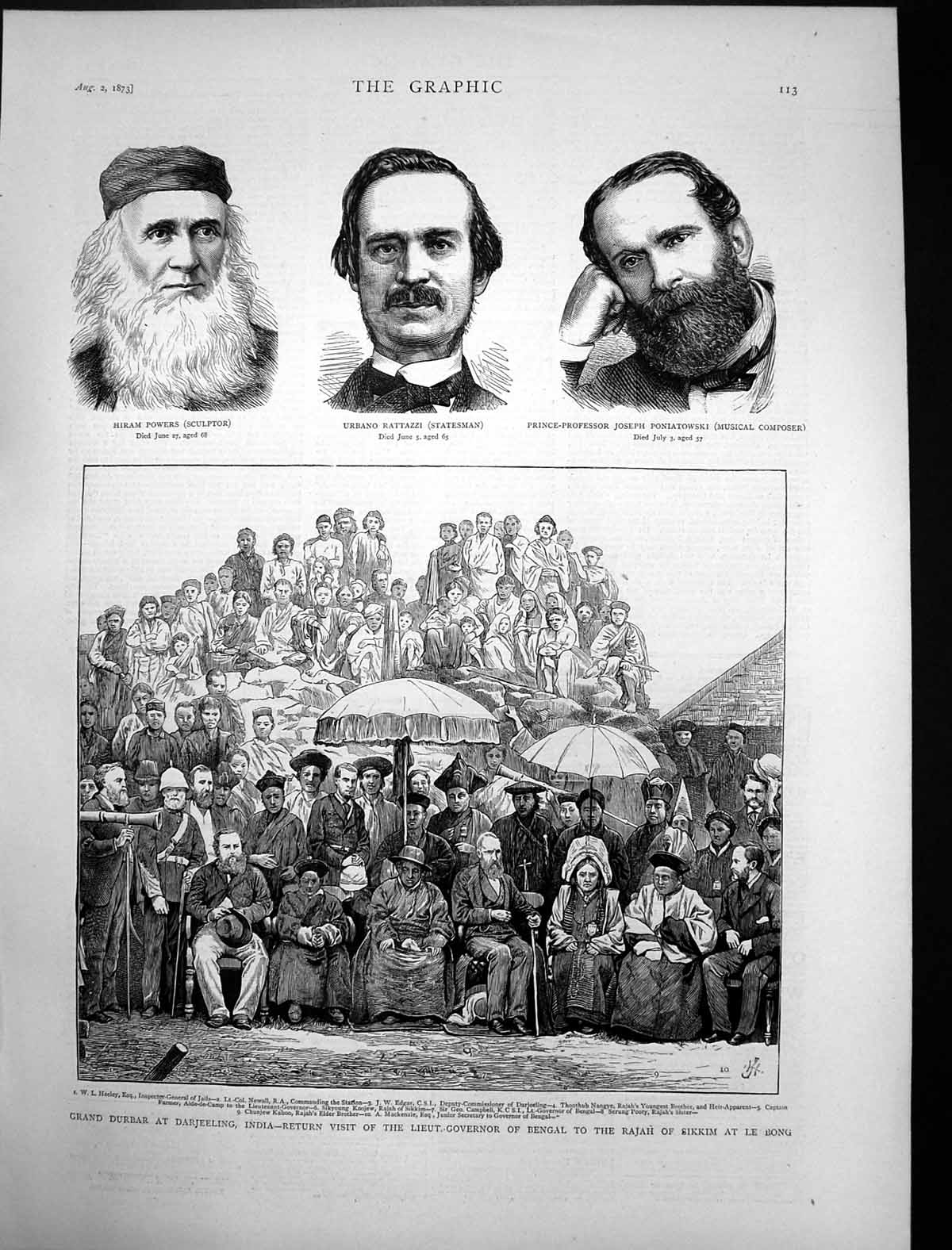 Antique Old Print Grand Durbar Darjeeling India Hiram Powers Sculptor 1873 19th