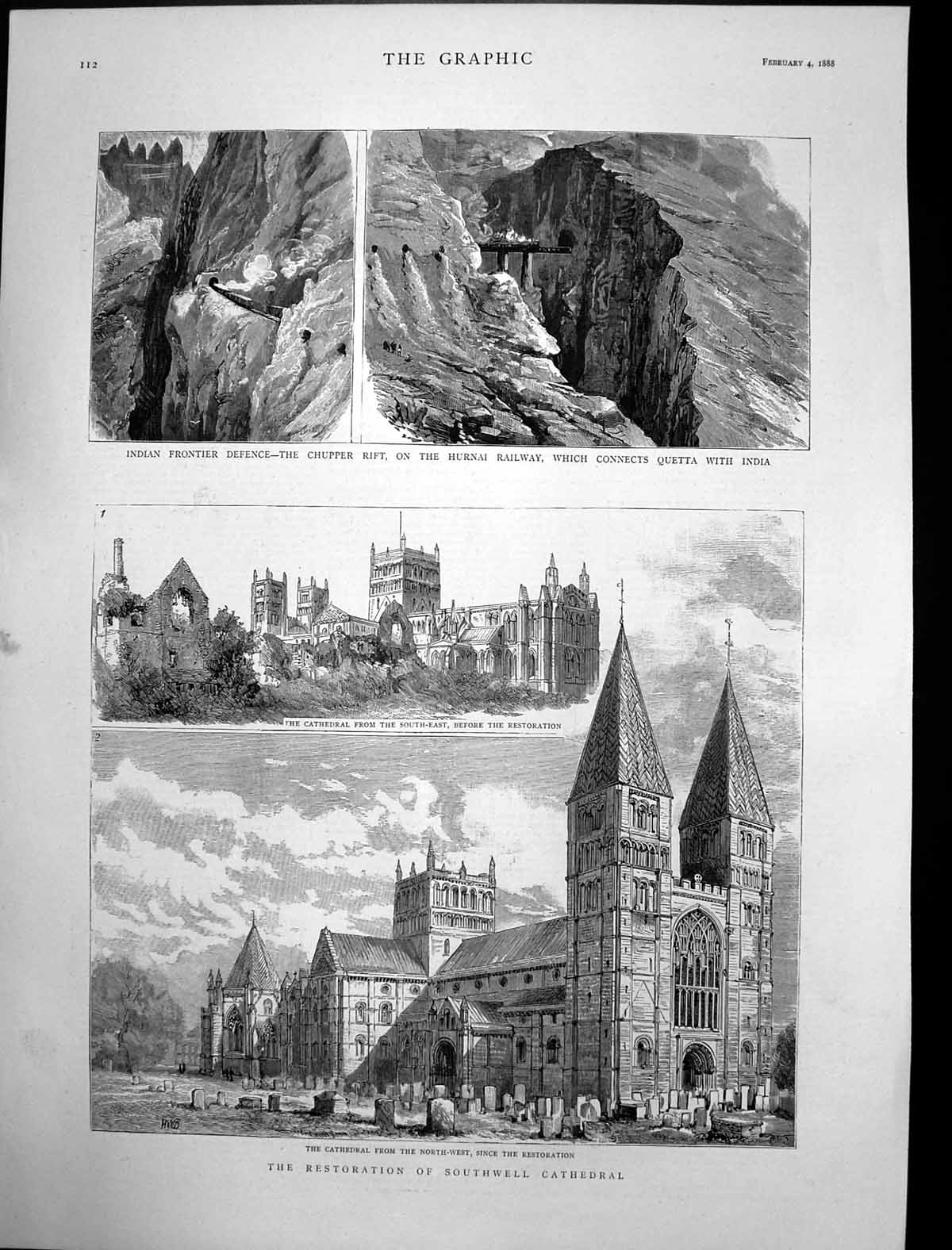 Antique Old Print Chupper Rift Hurnai Railway India Southwell Cathedral 1888