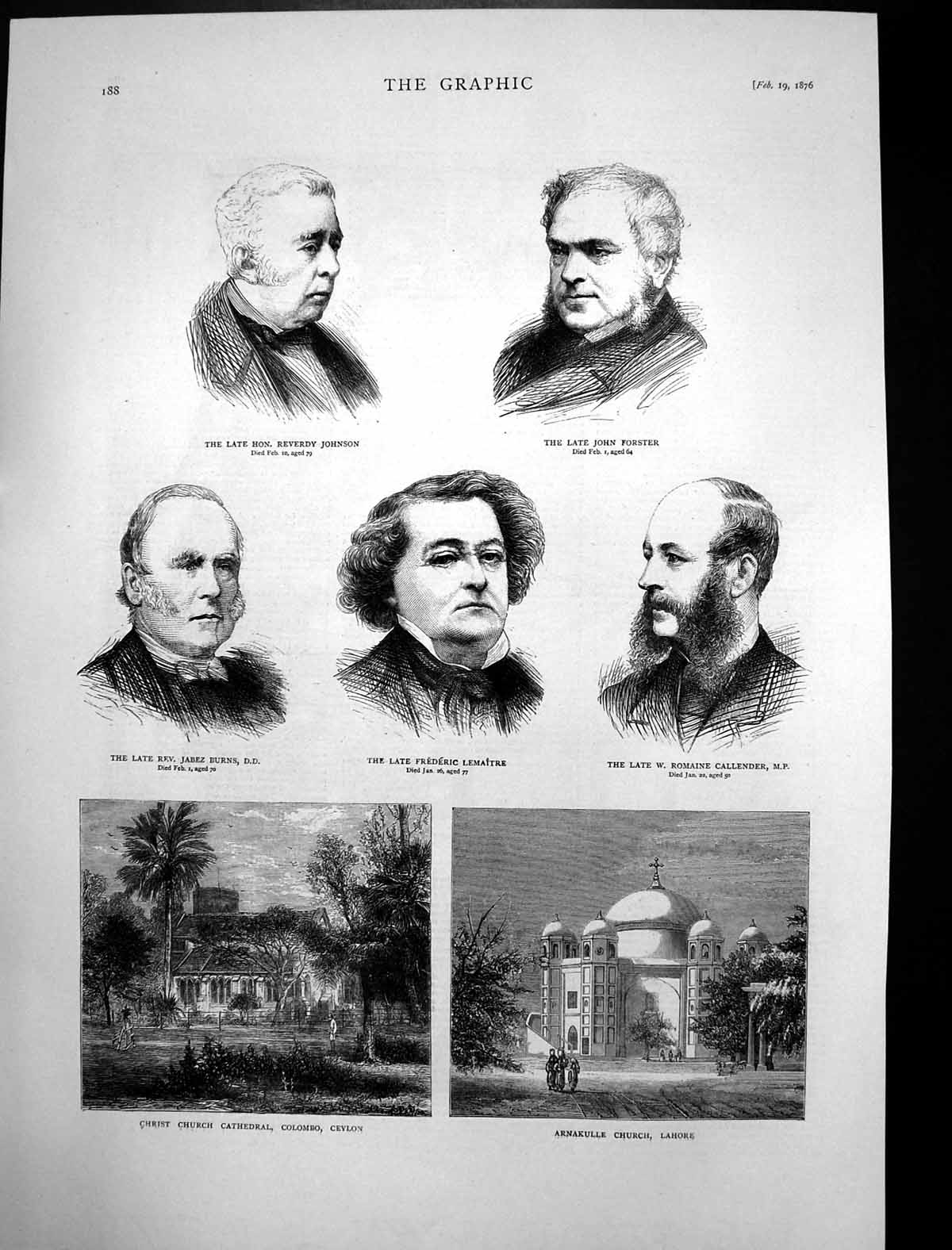 Antique Old Print Christ Church Cathedral Colombo Arnakulle Church Lahore1876