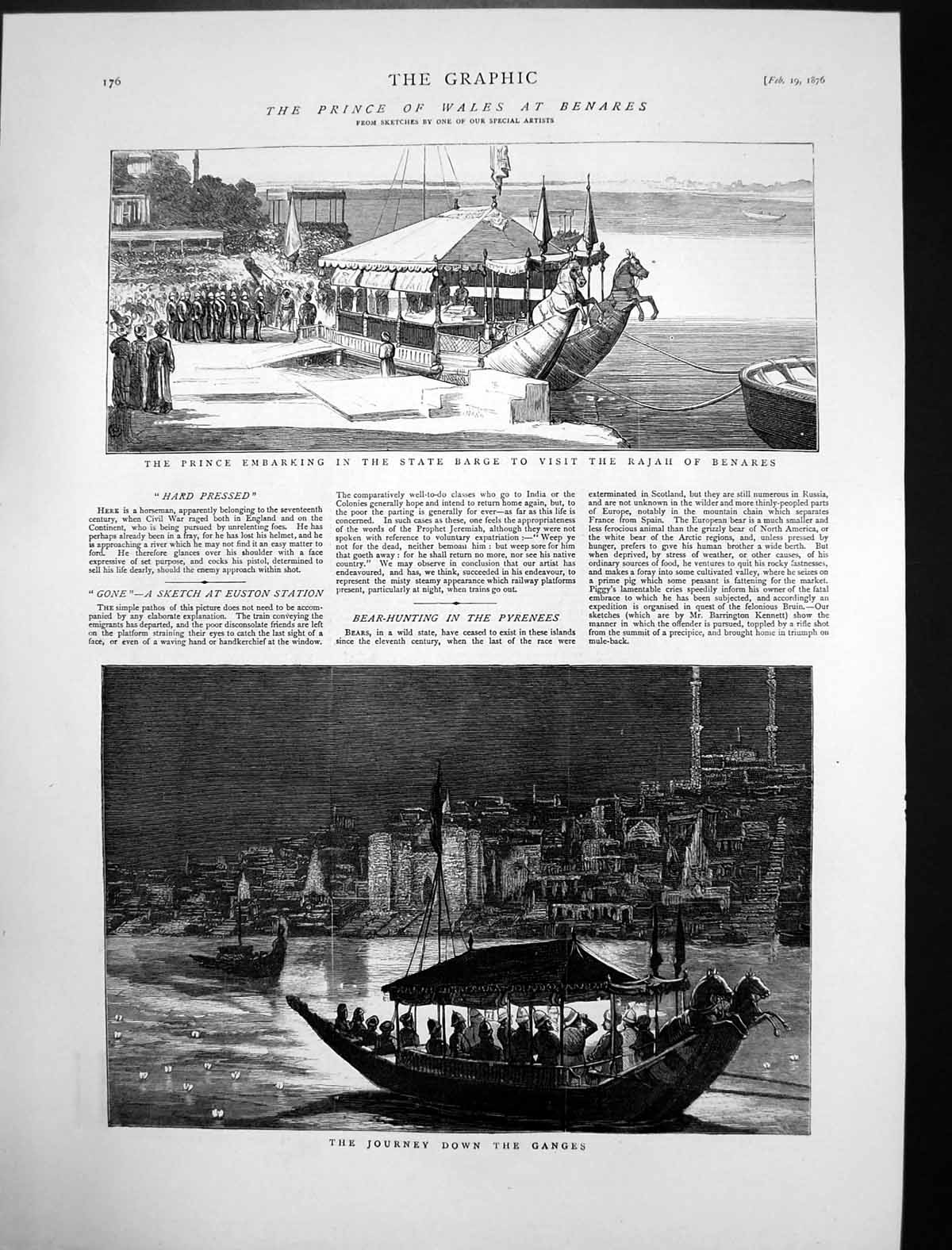 Antique Old Print Prince Wales State Barge Visit Rajah Benares Ganges 1876 19th