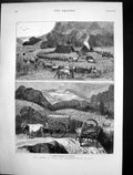 Antique Old Print Famine India Transportation Rice Bullock Encampment 1877 19th