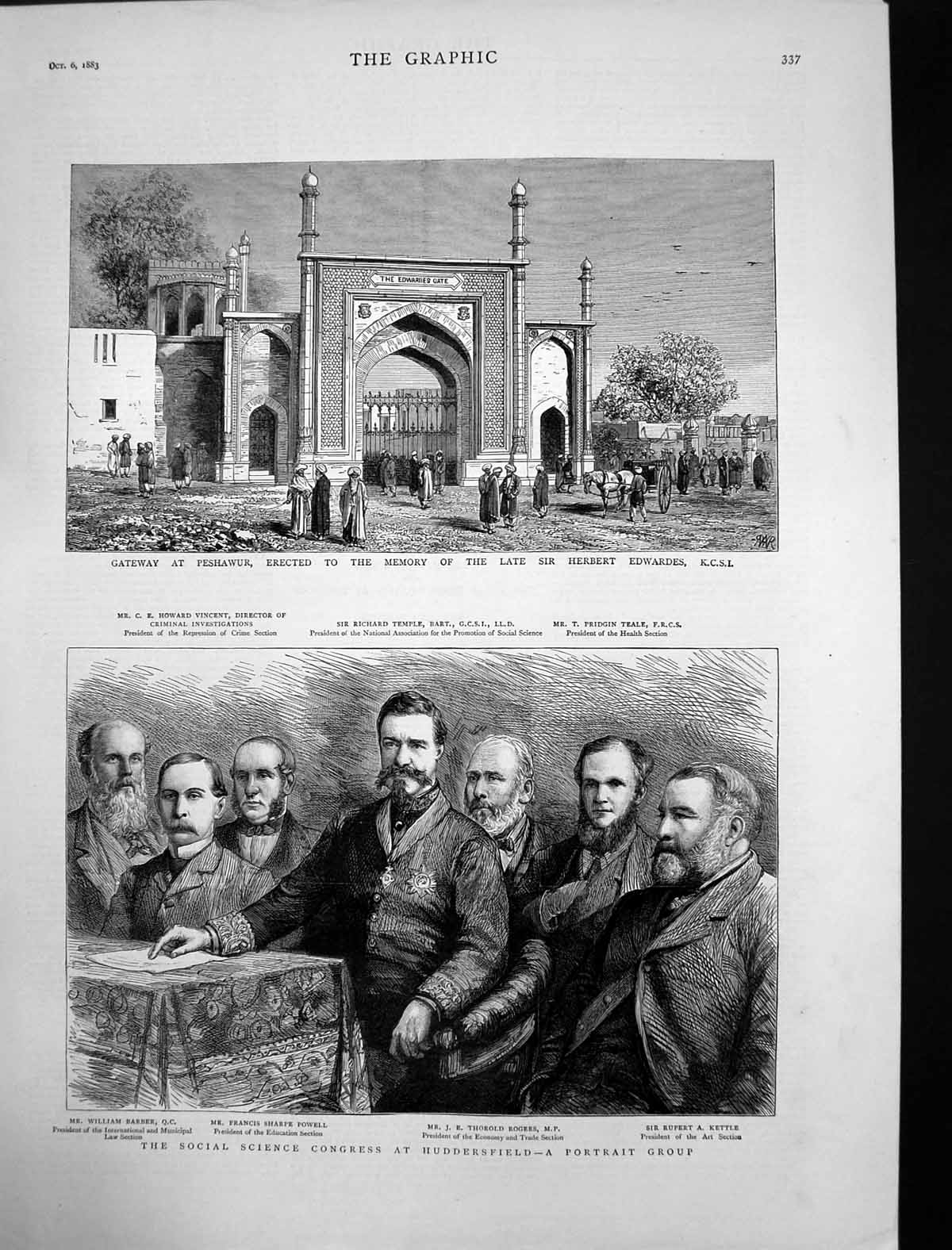 Antique Old Print Social Science Congress Huddersfield Gateway Peshawur 1883