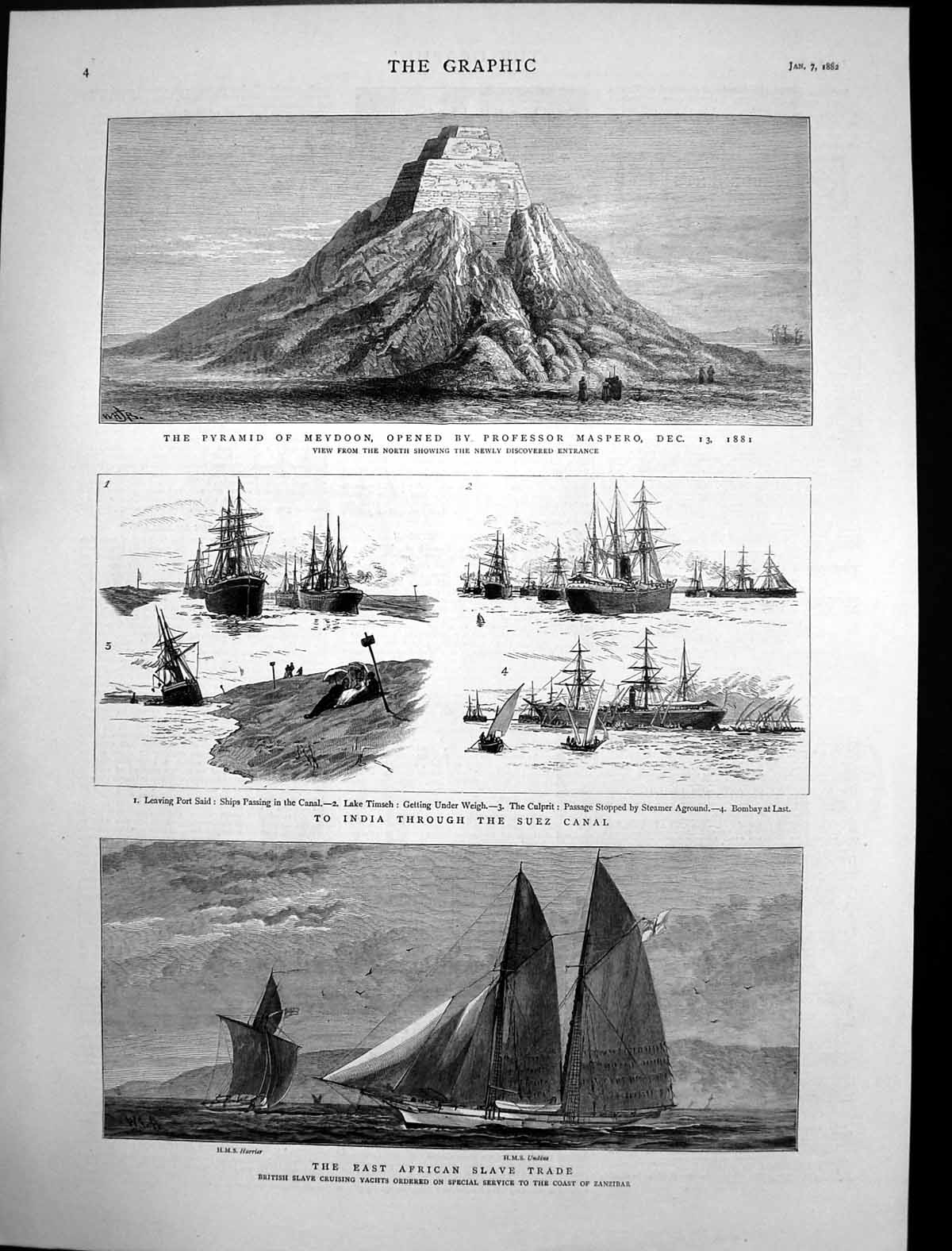 Antique Old Print Pyramid Meydoon India Through Suez Canal Slave Trade 1882