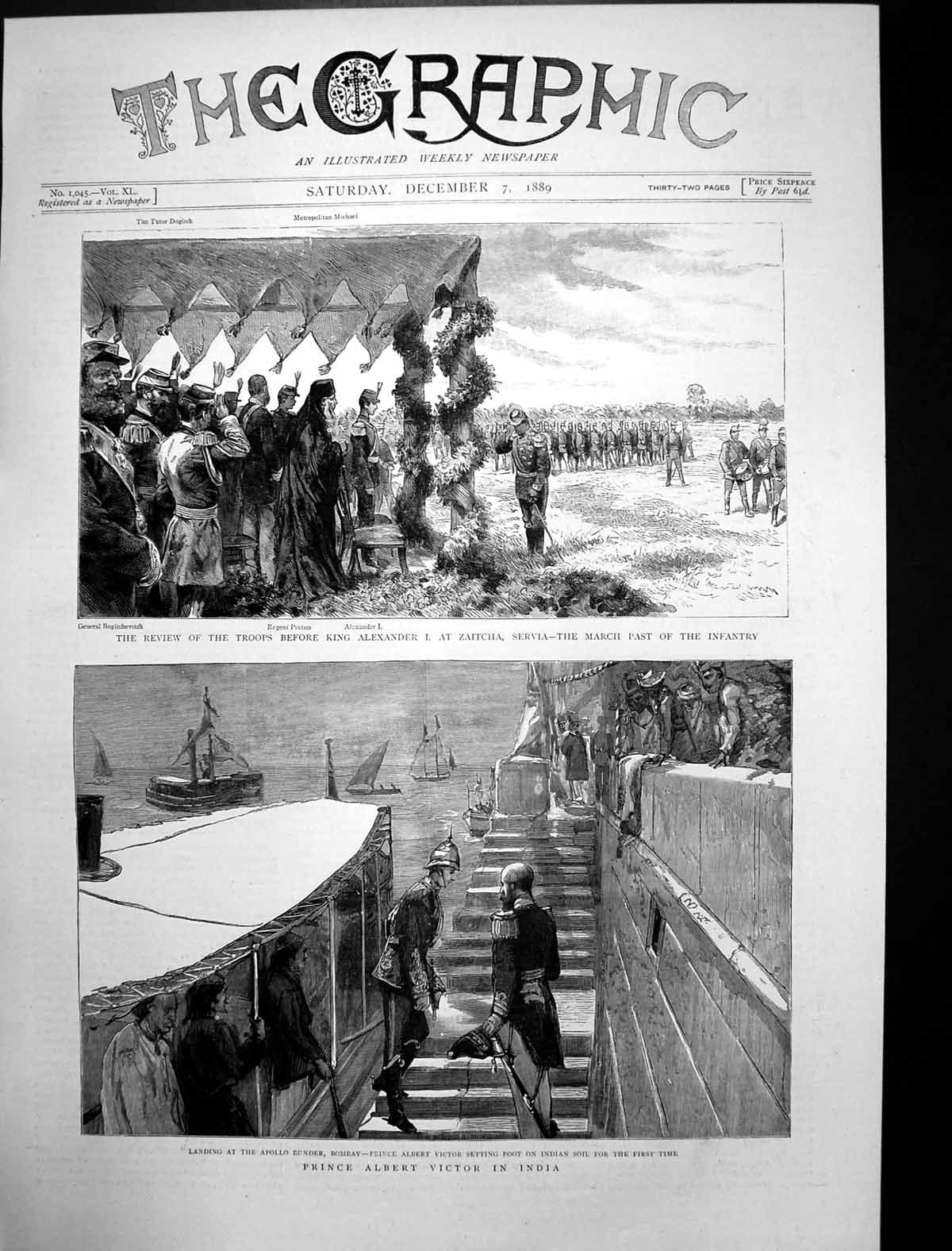 Old Antique Print King AlexanderServia Prince Albert Victor India 1889
