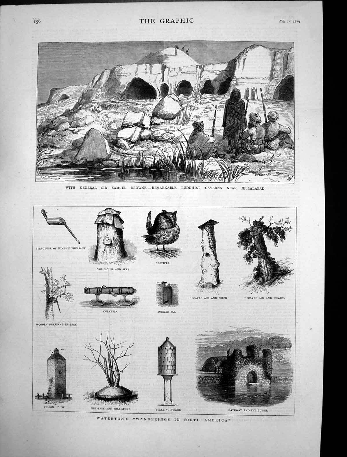 Old Antique Print Buddhist Caverns Jellalabad Waterton South America 1879 19th
