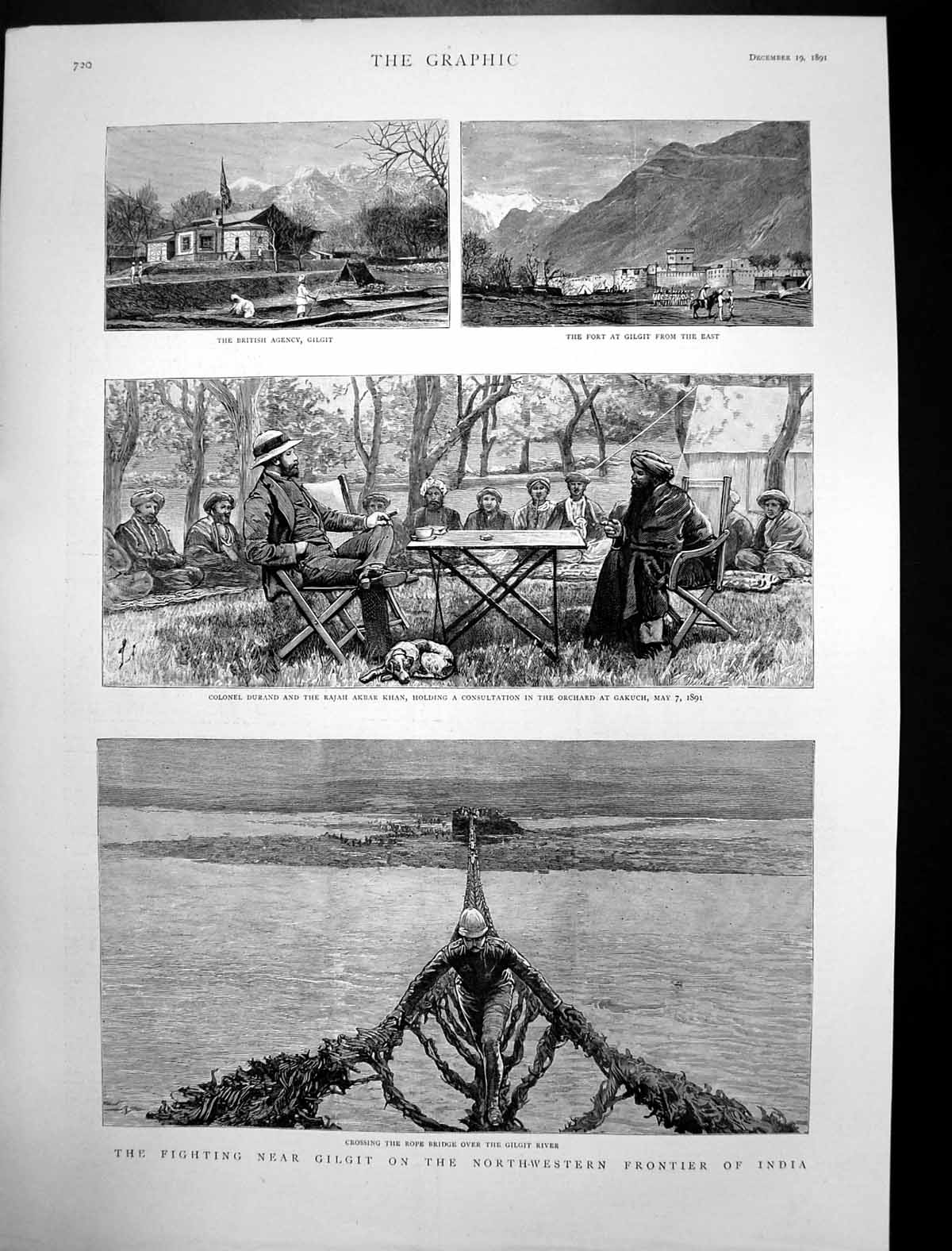 Old Antique Print Colonel Durand Rajah Khan Gakuch Gilgit River Fort 1891 19th