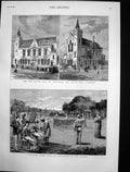 Antique Old Print Burgh Hall Govanhill Crosshill Glasgow Tennis India 1880 19th