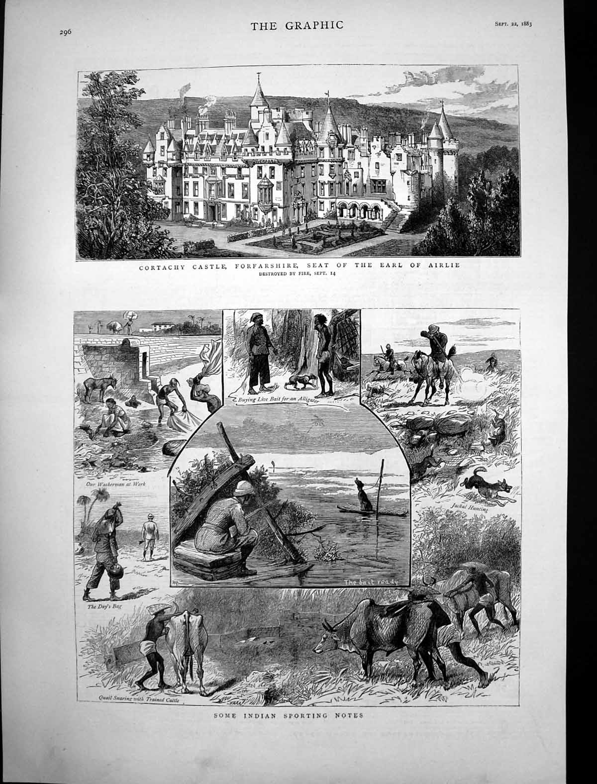 Old Print Indian Sporting Sketches Cortachy Castle Forfar Earl Airlie1883 19th