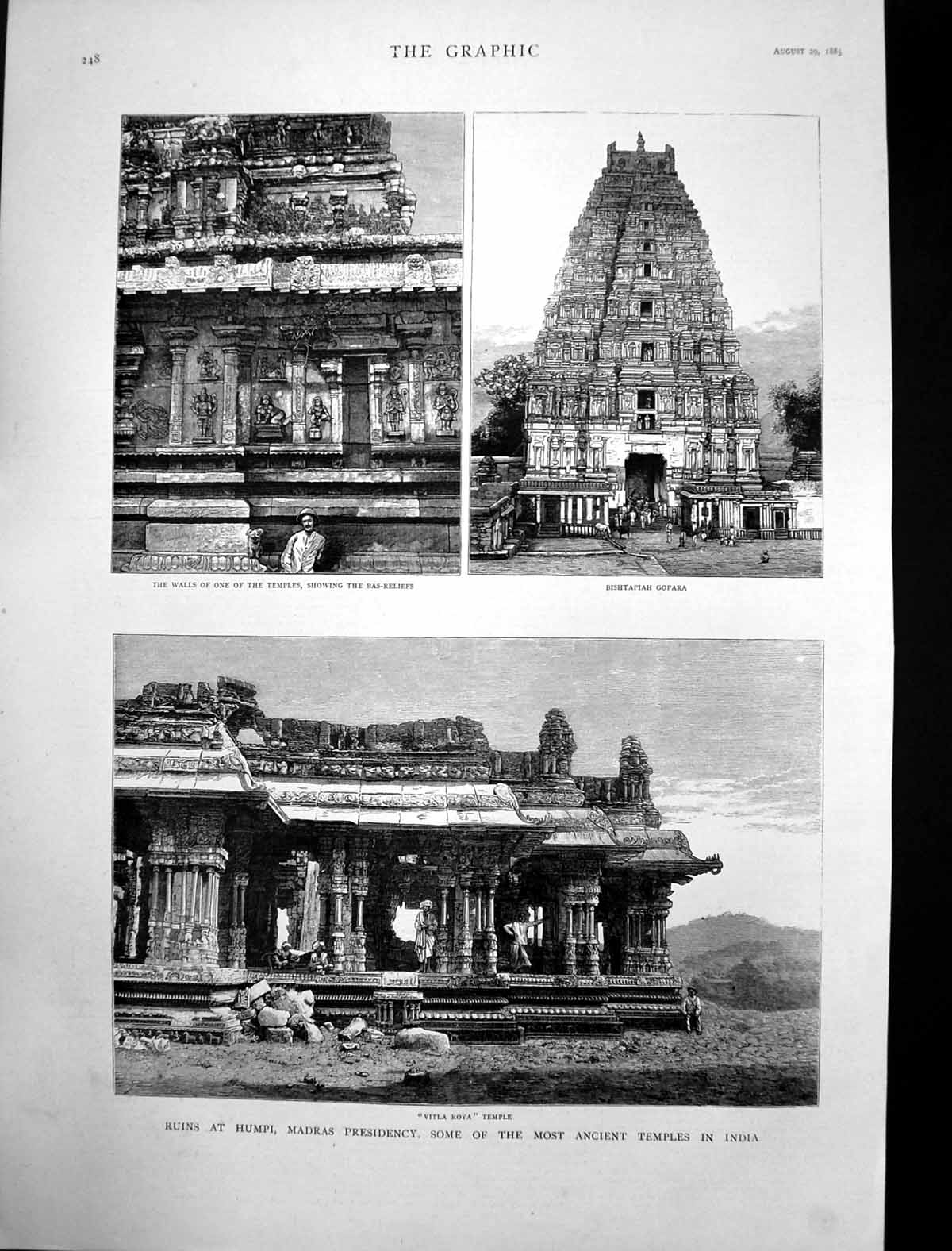 Antique Print Ruins Humpi Ancient Temples India Vitla Roya Bishtapiah 1885 19th