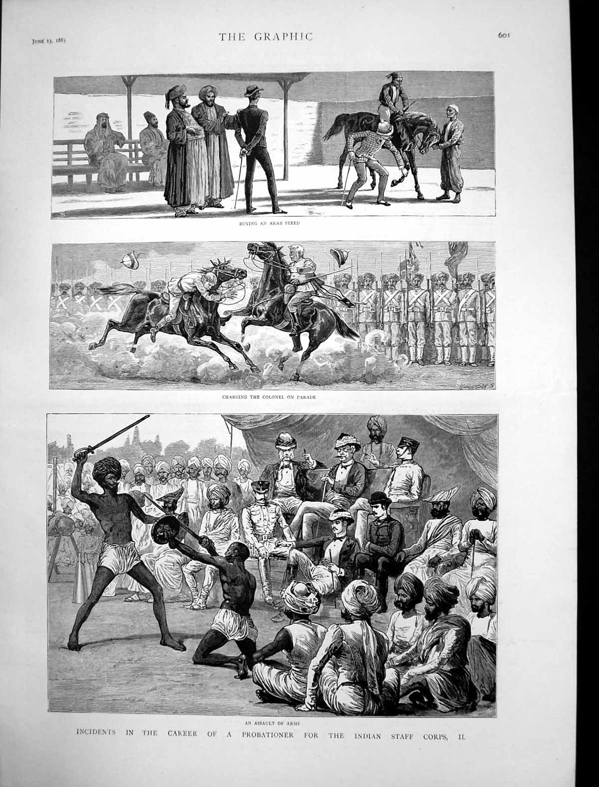 Original Old Antique Print Probationer Indian Staff Corps Charging Colonel 1885