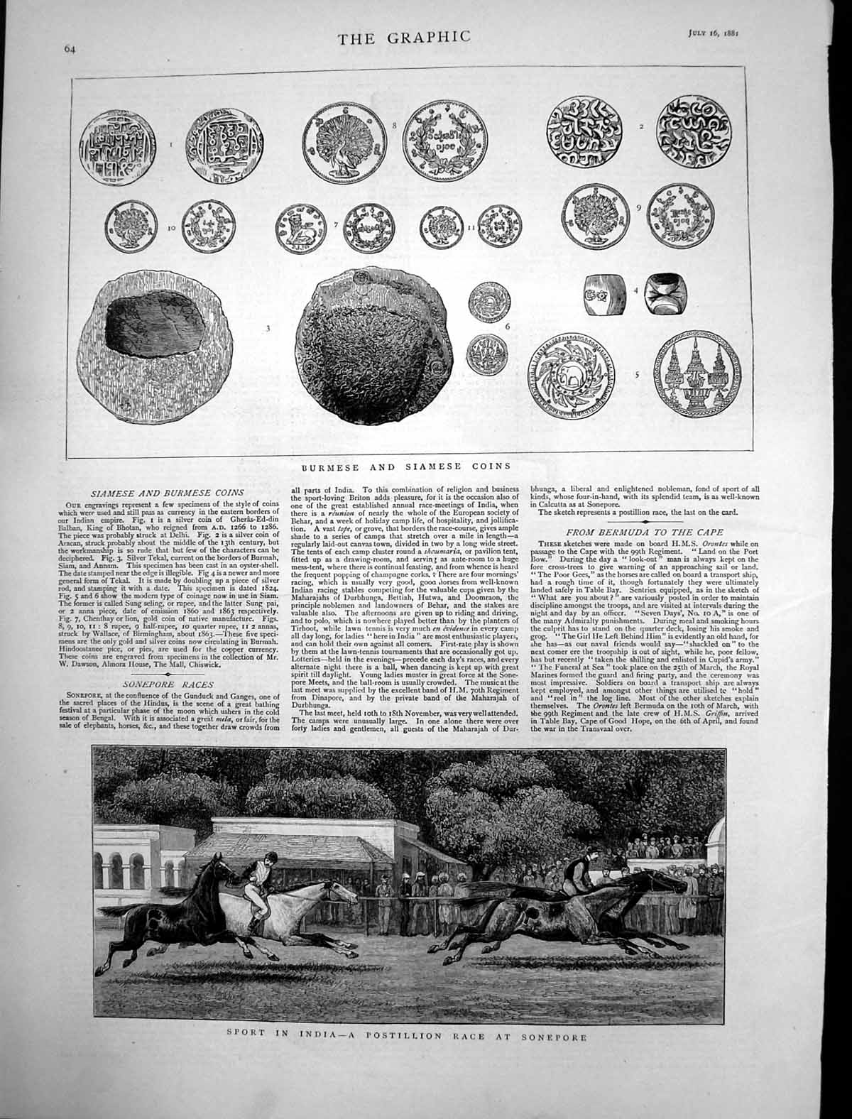 Old Antique Print Sport India Postillion Race Sonepore Burmese Coins 1881 19th