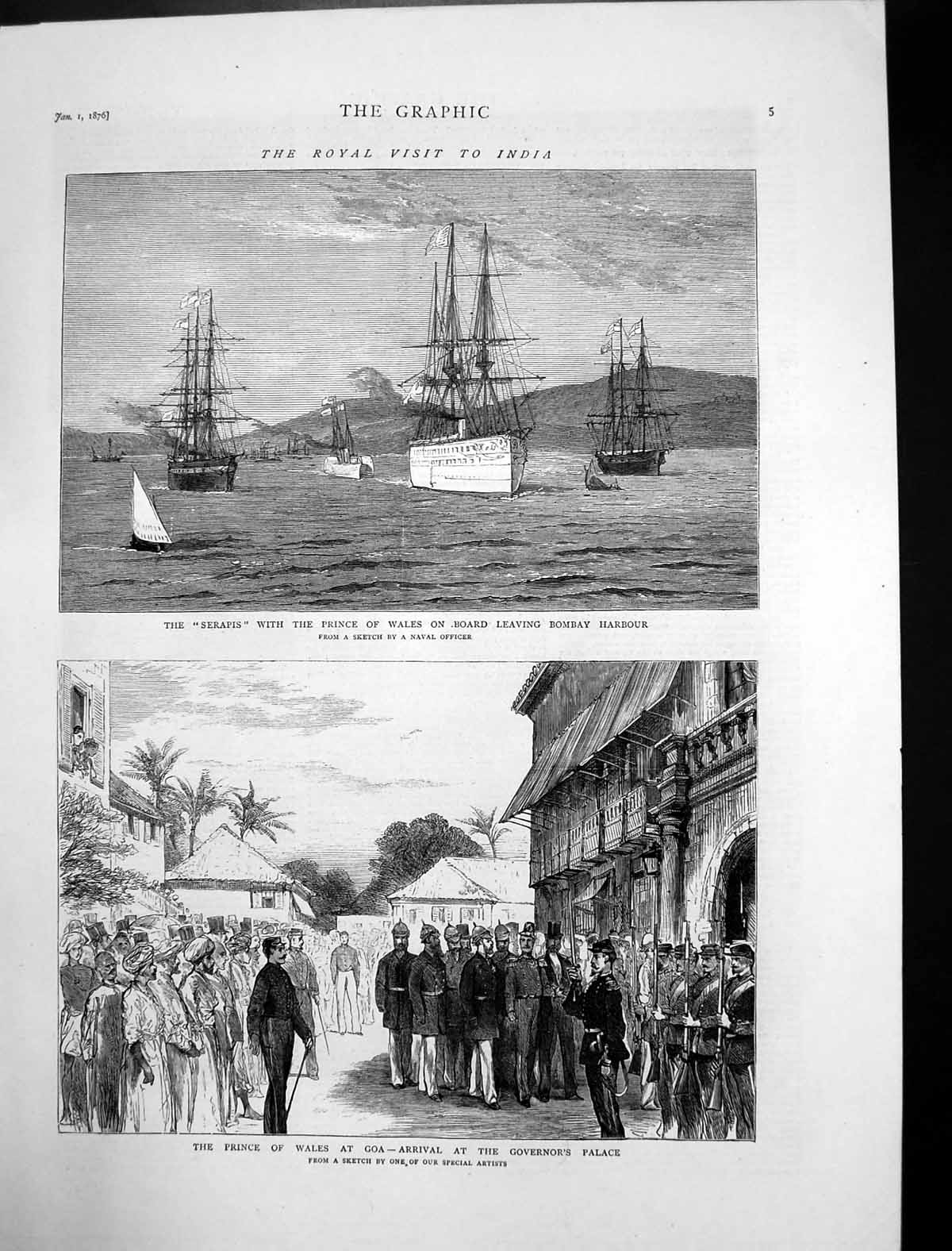 Antique Old Print Prince Wales On Board Serapis Bombay Goa Gov Palace 1876 19th