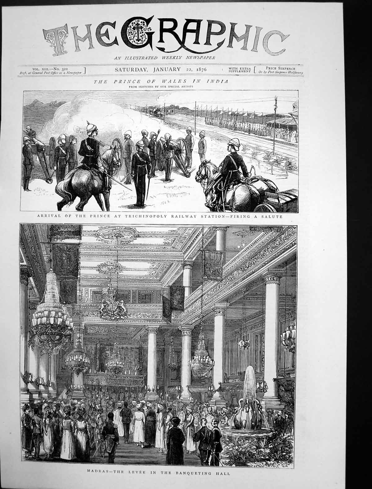 Antique Old Print Prince Wales Trichinopoly Madras Levee Banqueting Hall 1876