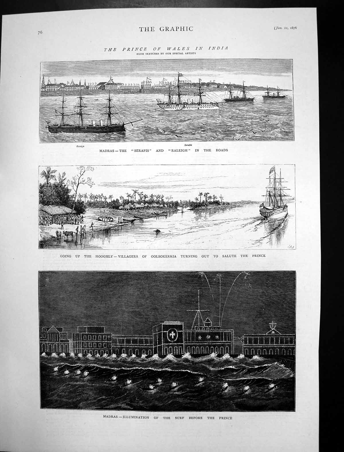 Antique Old Print Madras Serapis Raleigh Illumination Surf Hooghly India 1876