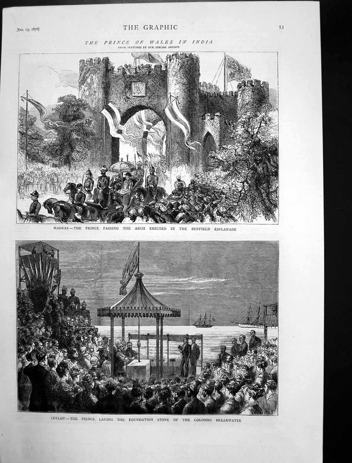 Old Antique Print Ceylon Prince Wales Colombo Breakwater Madras Arch 1876 19th