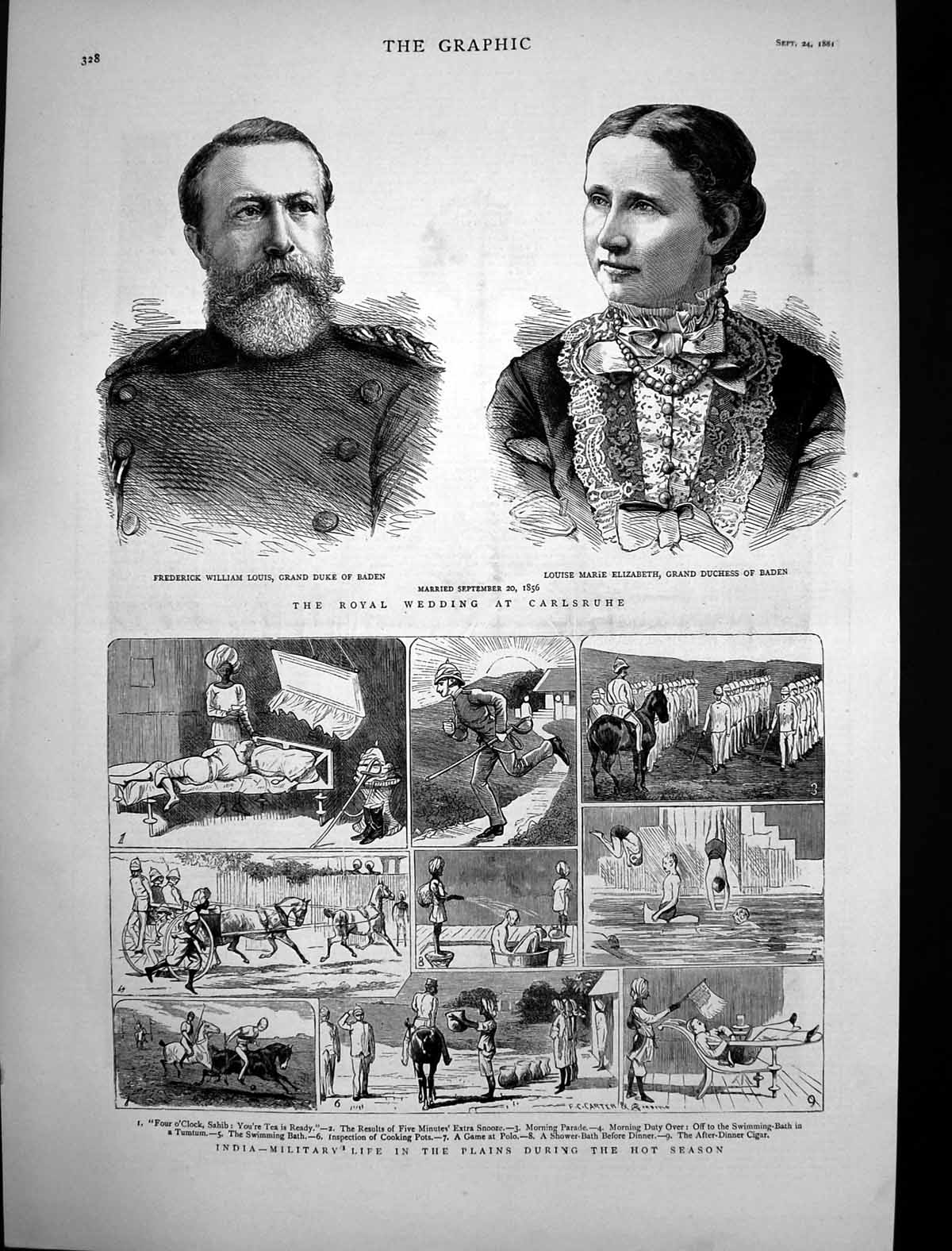Antique Old Print India Military Life Hot Season Royal Wedding Carlsruhe 1881
