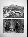 Original Old Antique Print GMining Wynaad India Tunnels Quartz Needlerock 1884