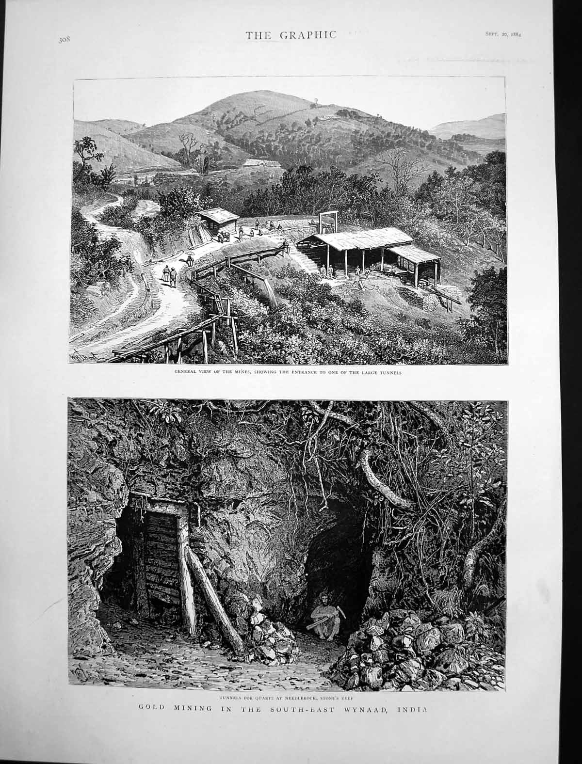 Original Old Antique Print GMining Wynaad India Tunnels Quartz Needlerock 1884