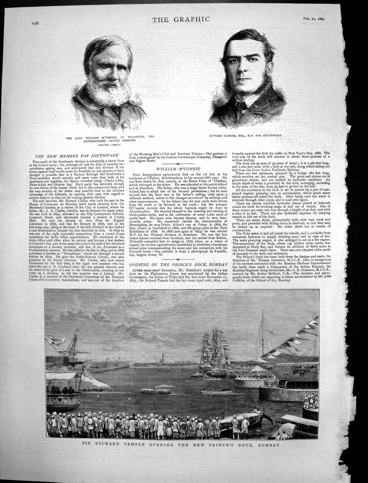 Original Old Antique Print Richard Temple Opening New Princes Dock Bombay 1880