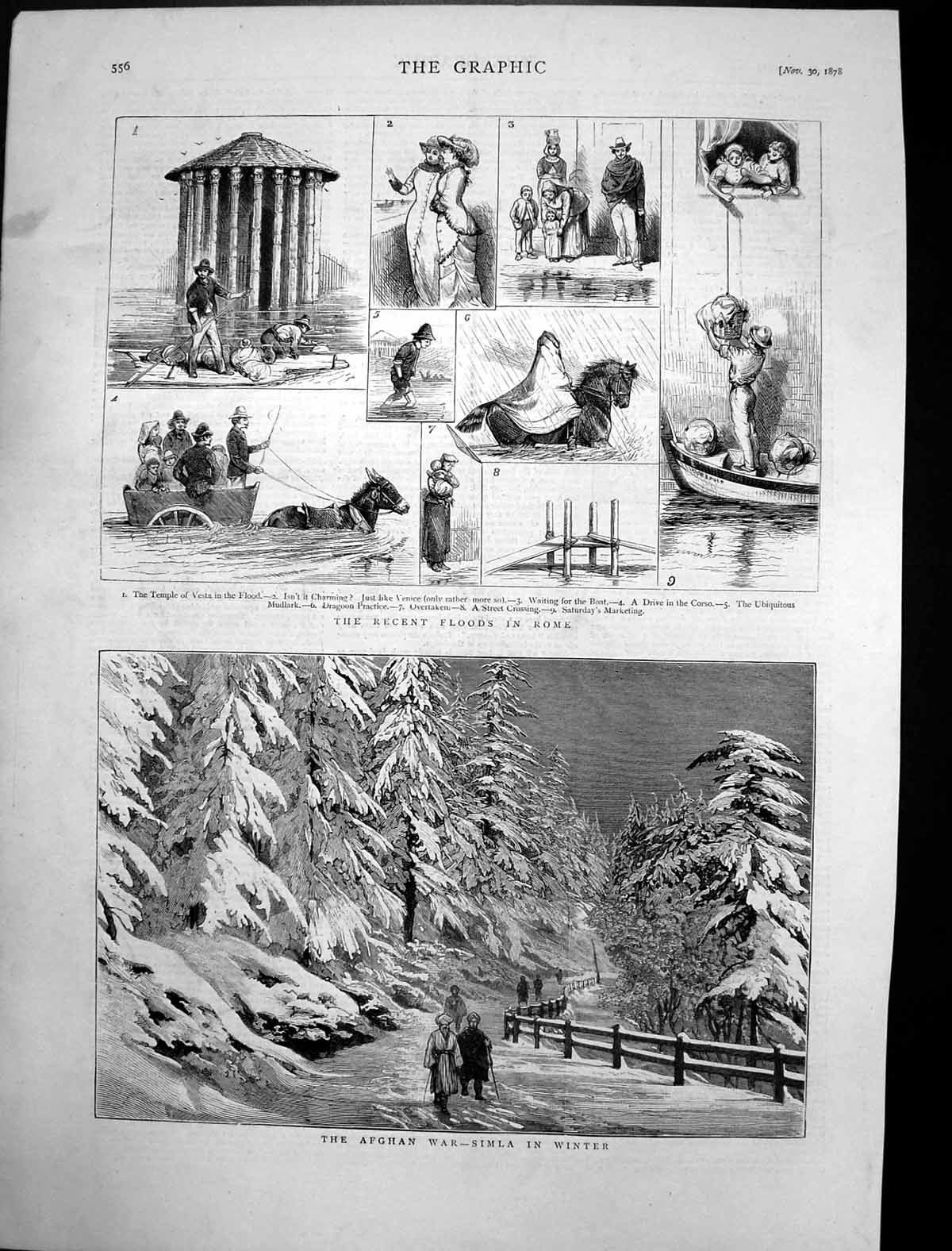 Antique Print Afghan War Simla Winter Recent Floods Rome Temple Vesta 1878 19th