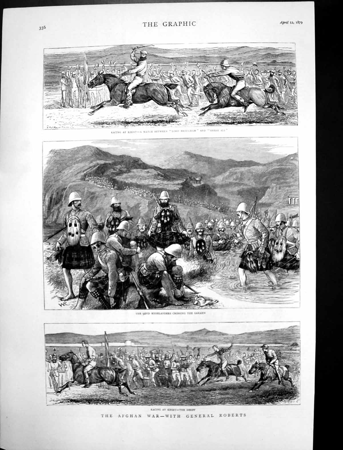 Antique Old Print Afghan War General Roberts Racing Khost Crossing Sahahn1879