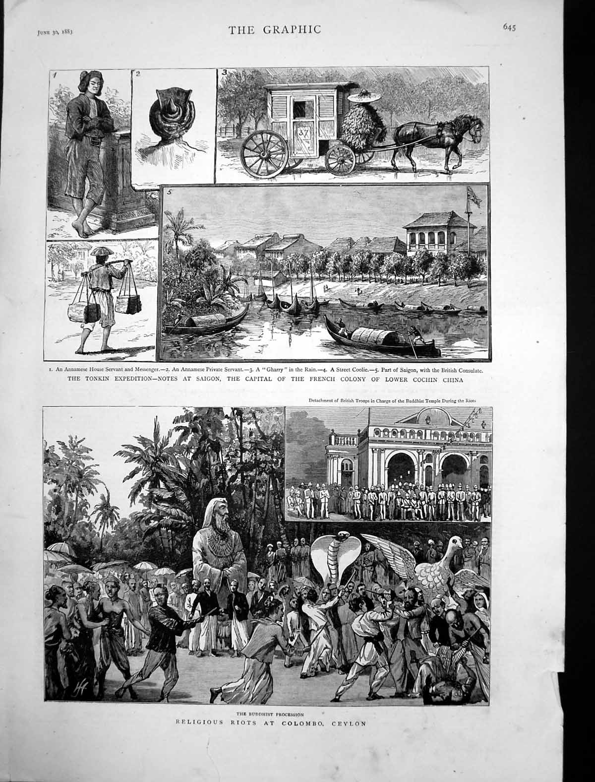 Antique Old Print Tonkin Expedition Saigon Religious Riots Colombo India 1883