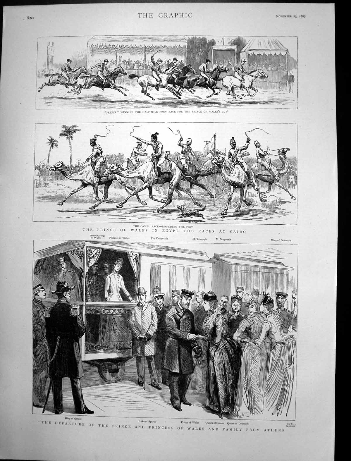 Antique Old Print Prince Wales Egypt Races Cairo Departure From Athens 1889