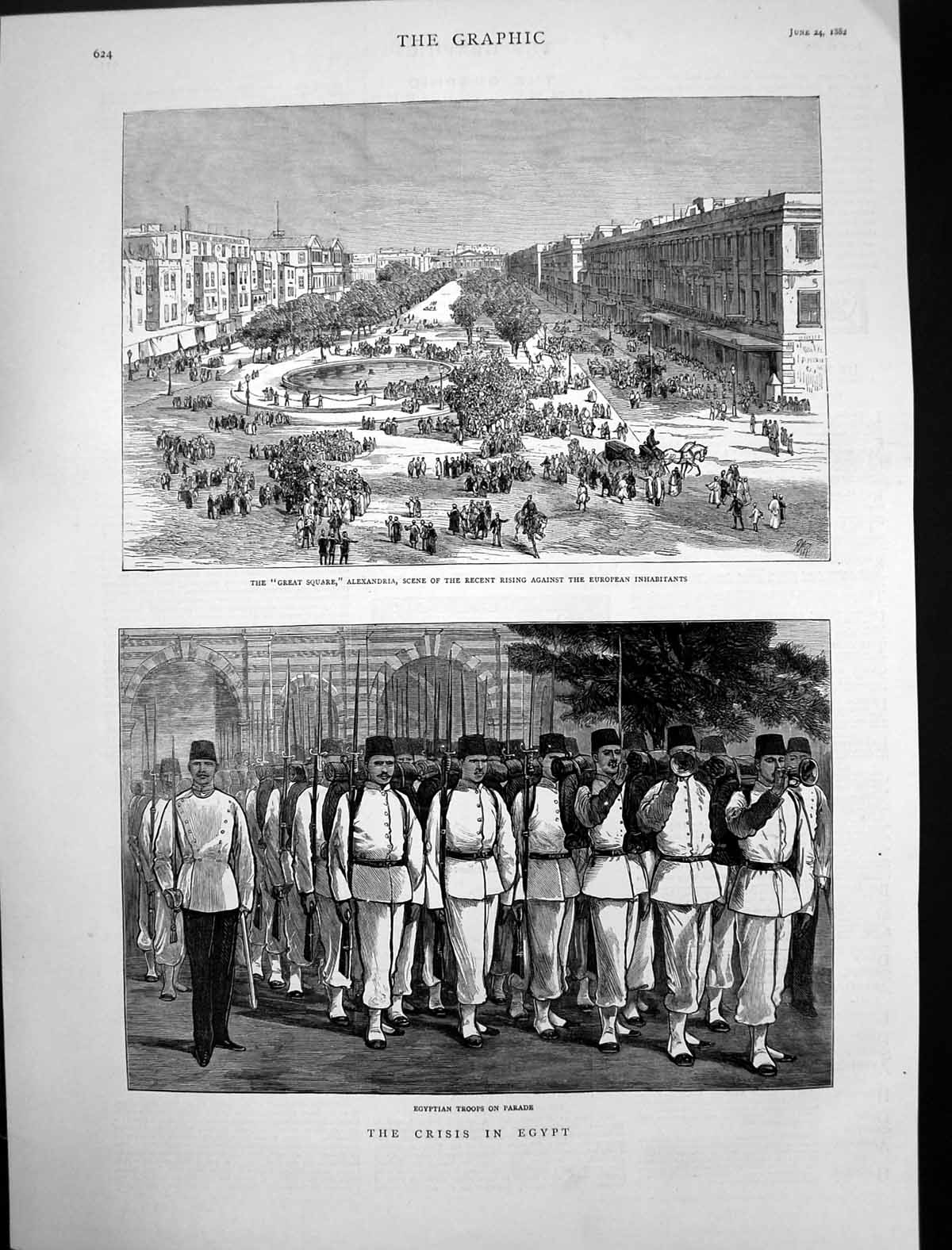 Antique Old Print Great Square Alexandria Rising Egyptian Troops Parade 1882