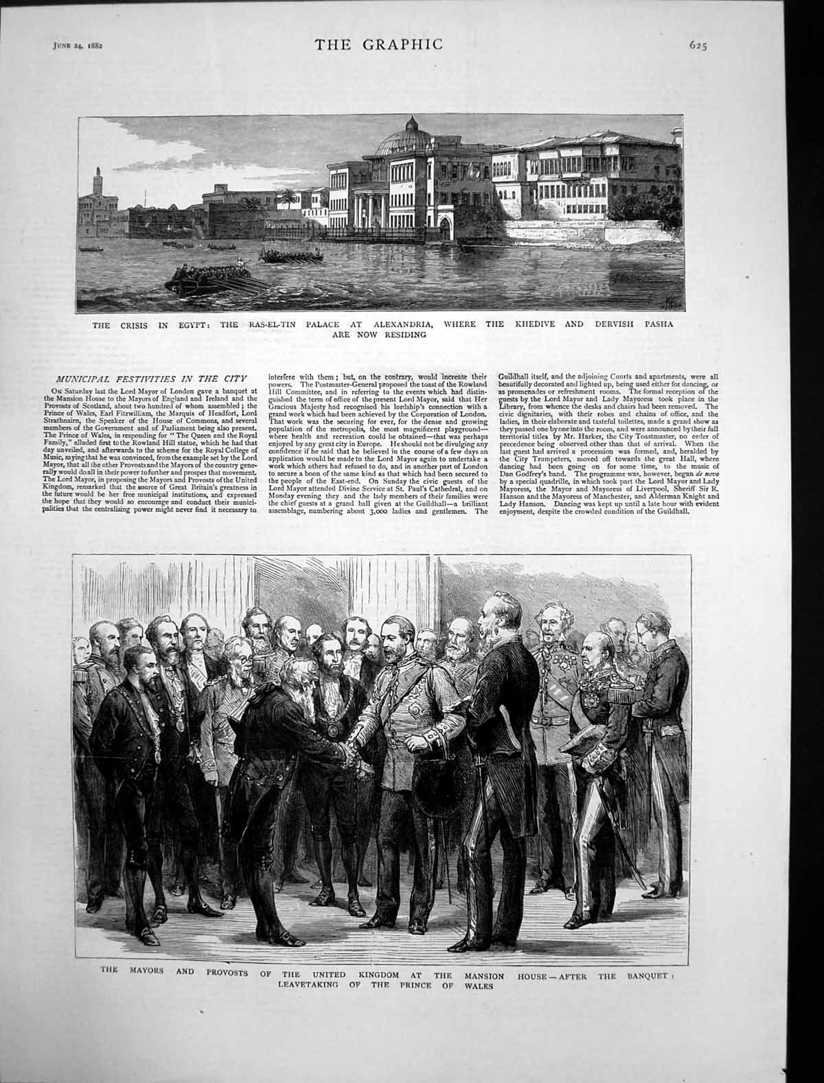 Antique Old Print Ras-El-Tin Palace Alexandria Mayors Uk Mansion House 1882