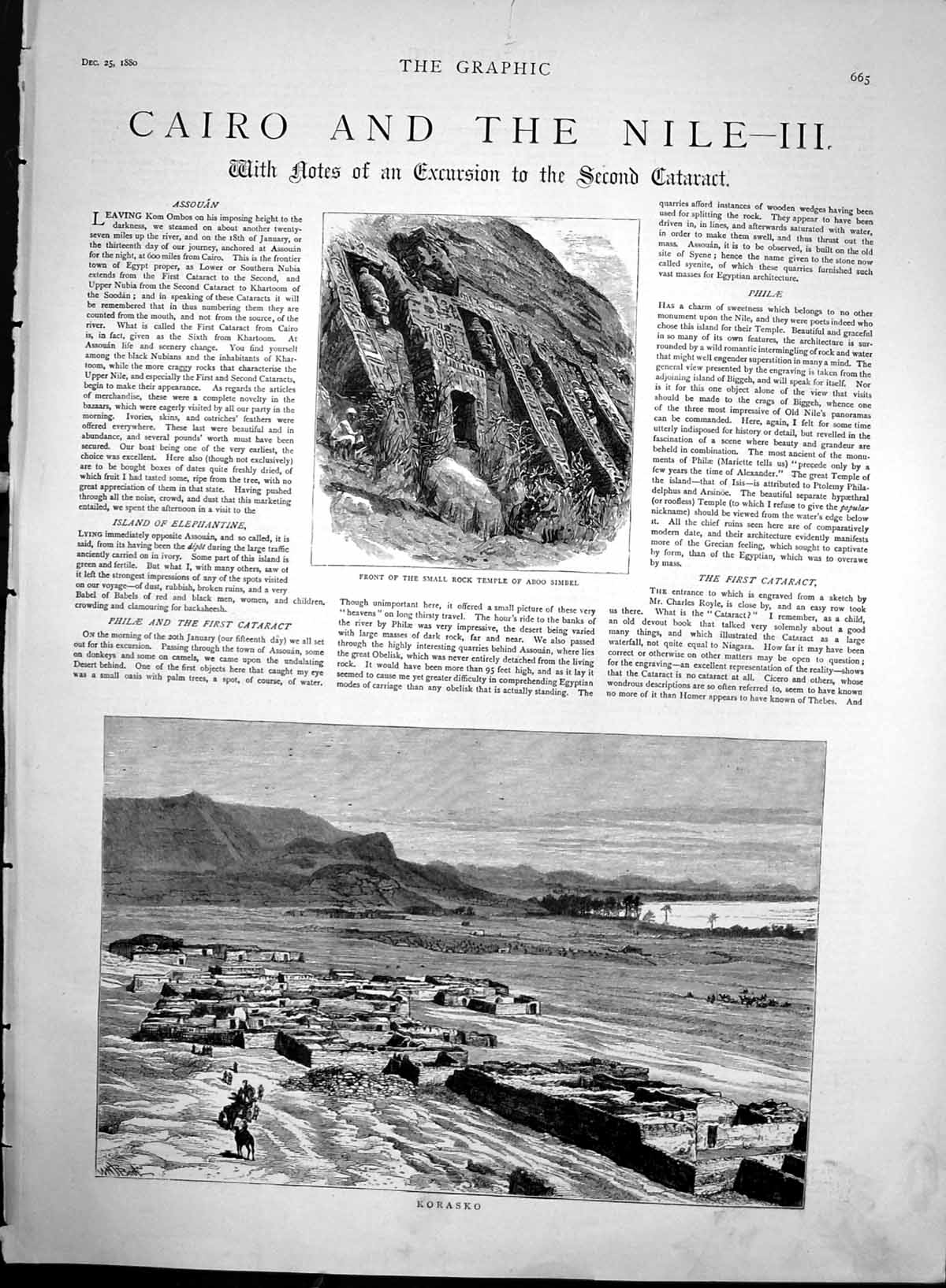 Antique Old Print Cairo & The Nile Korasko Small Rock Temple Aboo Simbel 1880