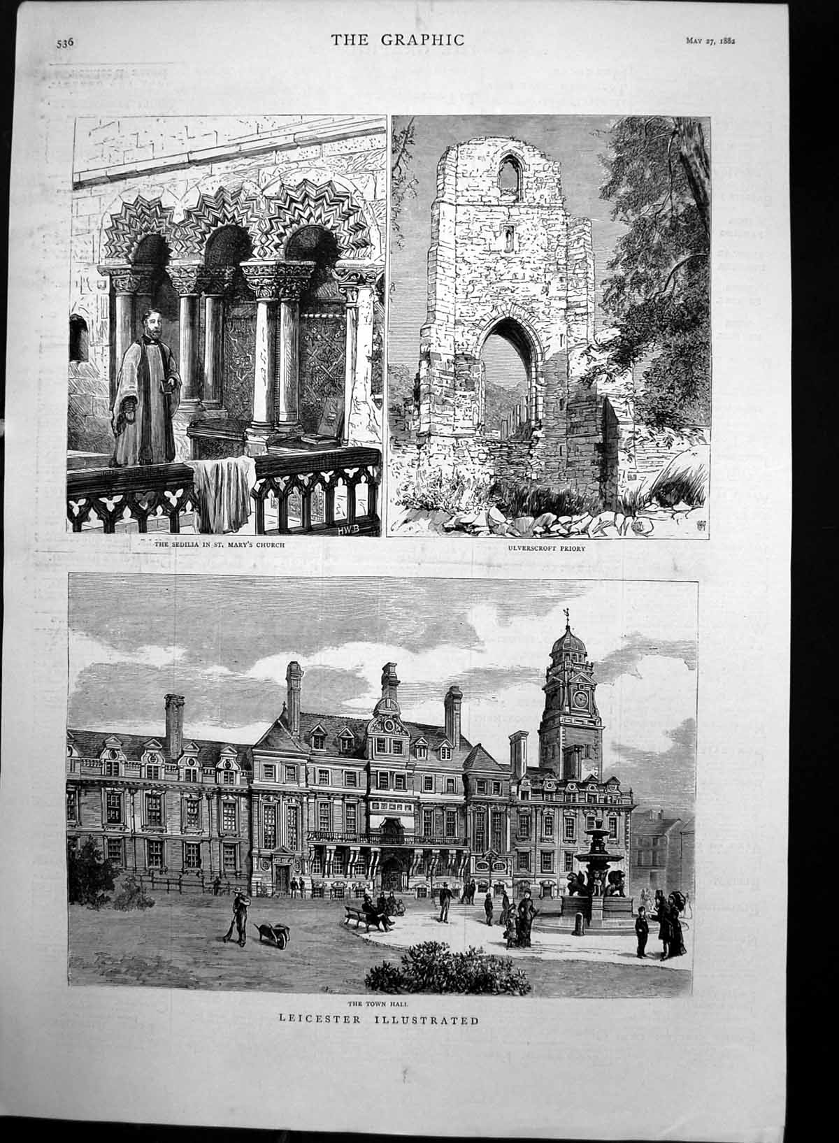 Antique Old Print Leicester Town Hall St Marys Church Ulverscroft Priory 1882
