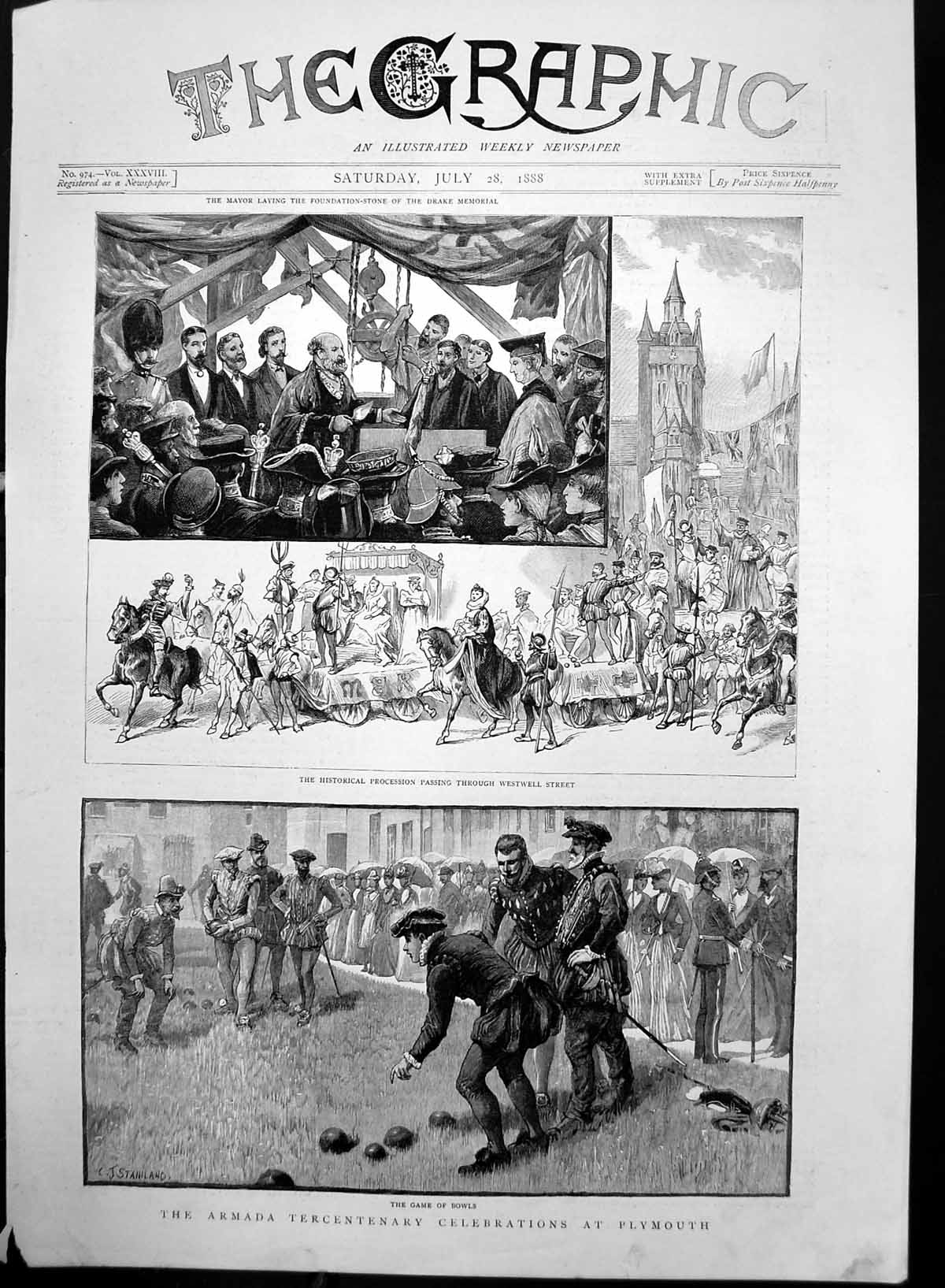 Old Antique Print Armada Tercentenary Plymouth Drake Memorial Bowls 1888 19th