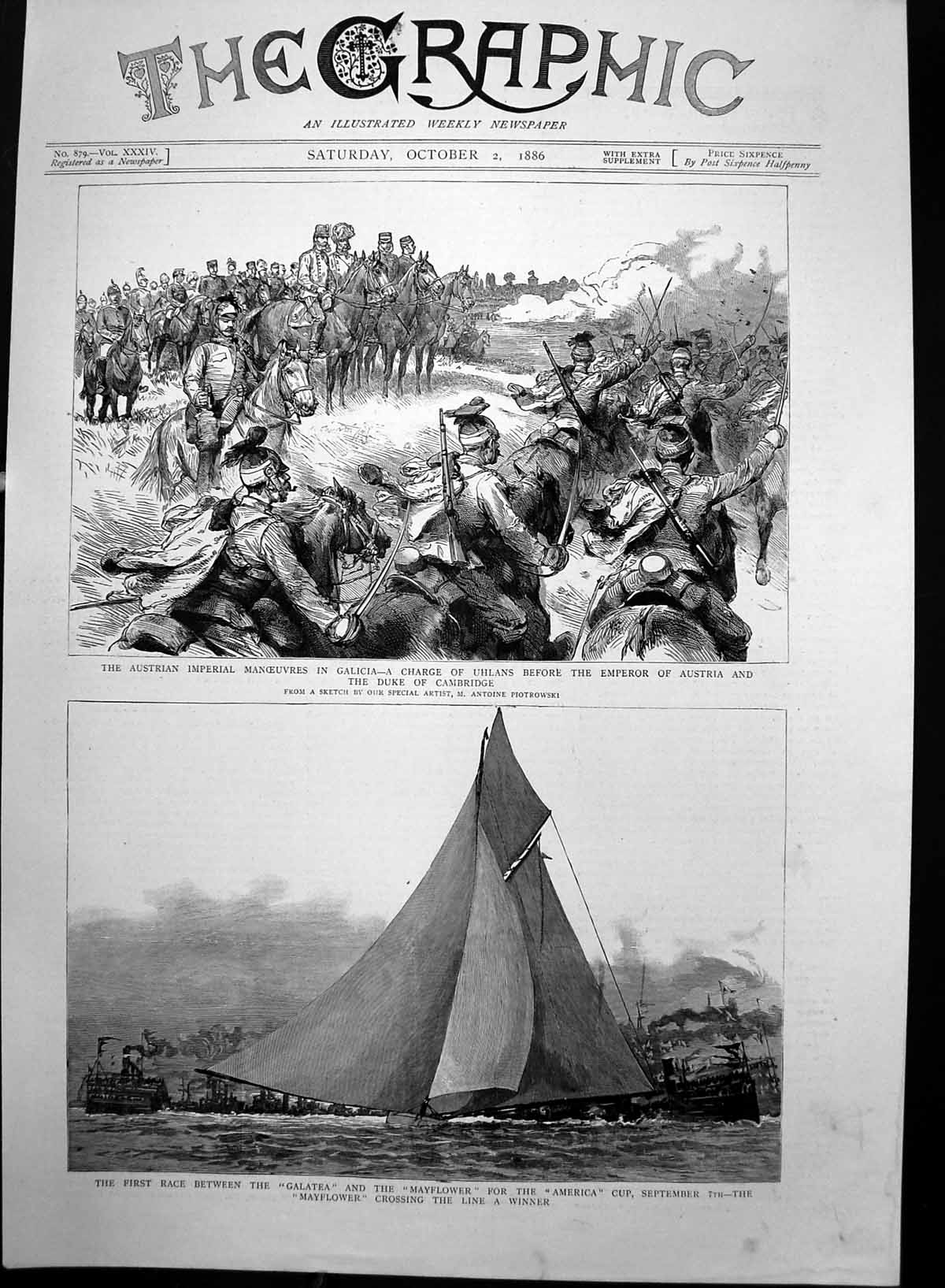 Antique Old Print Uhlans Charge Galicia America Cup Race Galatea Mayflowr1886