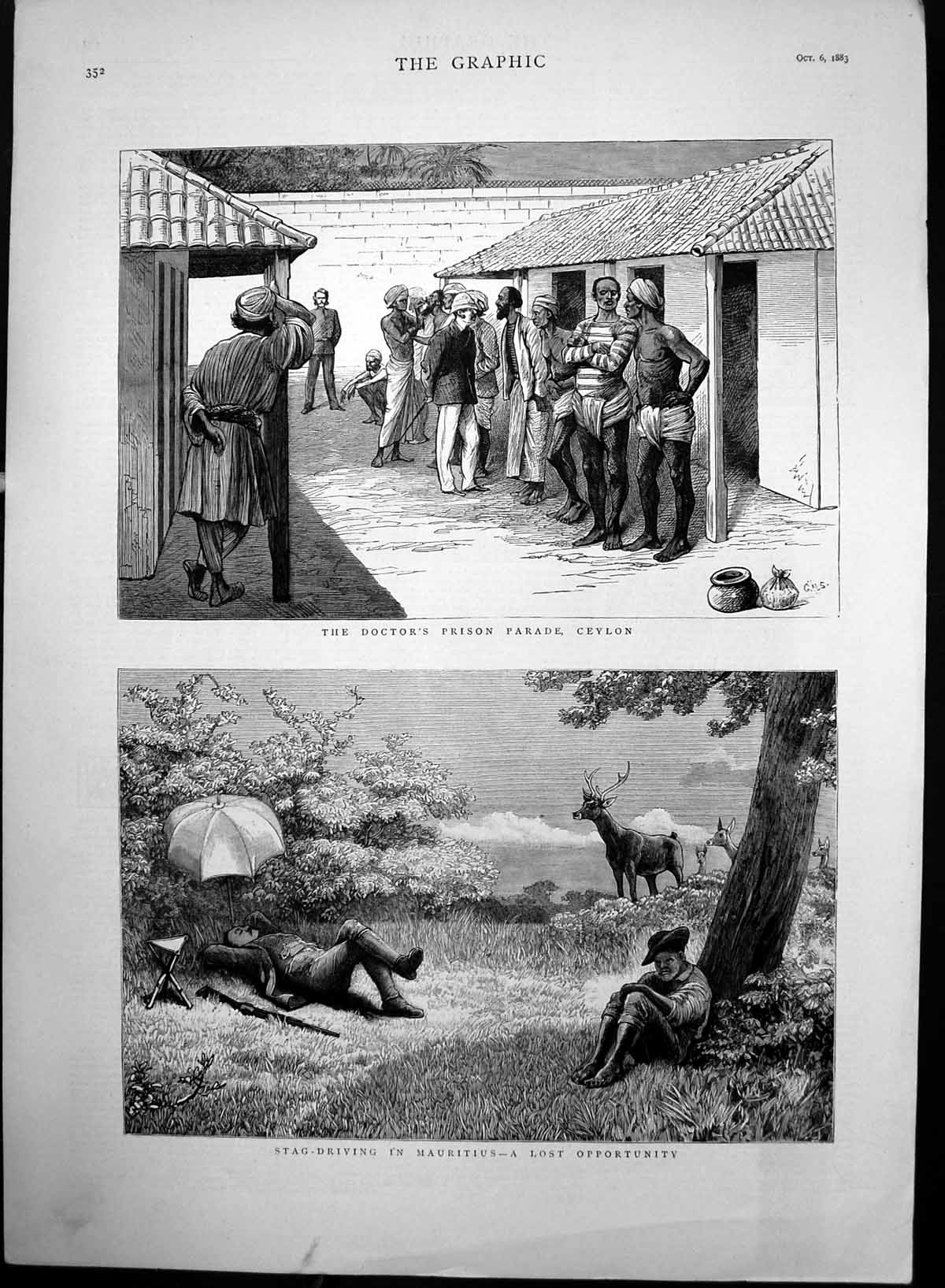 Antique Old Print Doctors Prison Parade Ceylon Stag Driving Mauritius 1883 19th