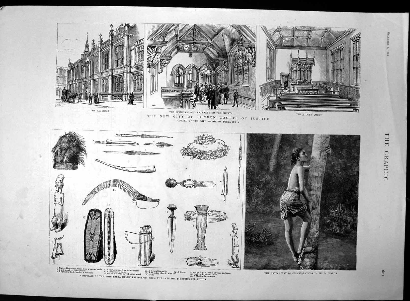 Antique Print London Courts Justice Emin Pasha Knives Palm Tree Ceylon 1888