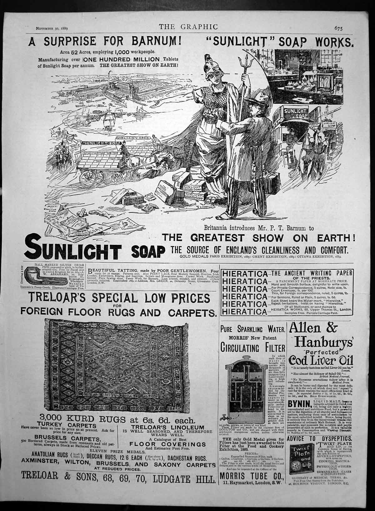 Antique Old Print Adverts Sunlight Soap Treloar Carpets Cod Liver Oil 1889 19th