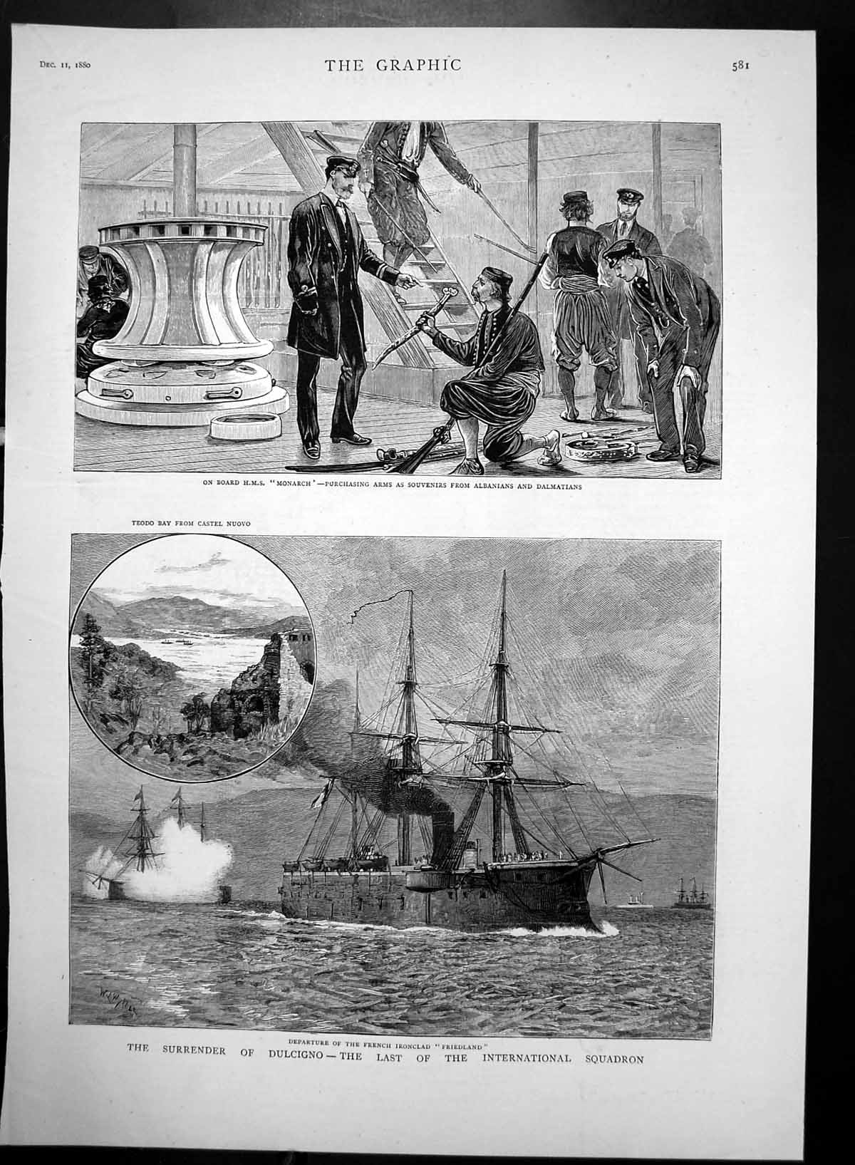 Old Antique Print On Board Hms Monarch Teodo Bay Surrender Dulcigno 1880 19th