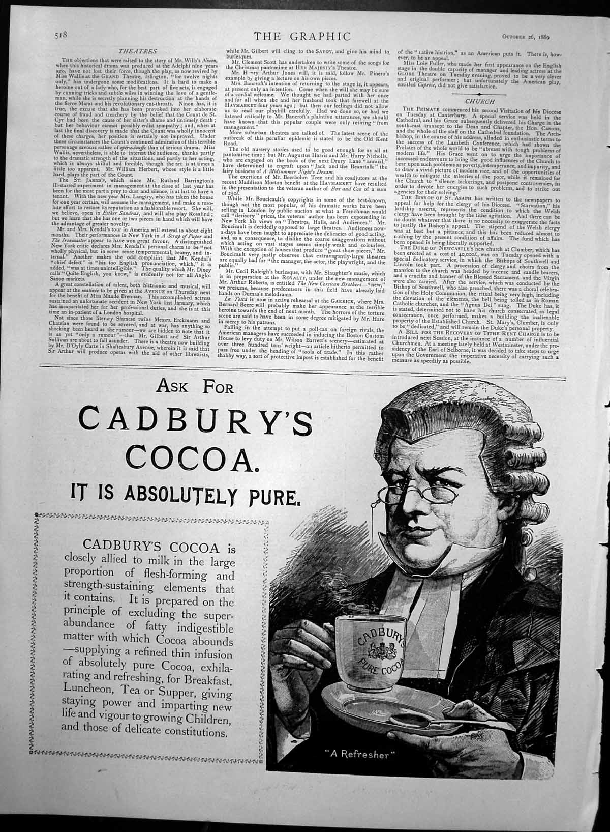 Original Old Antique Print Ask For Cadburys Cocoa Absolutely Pure Advert 1889