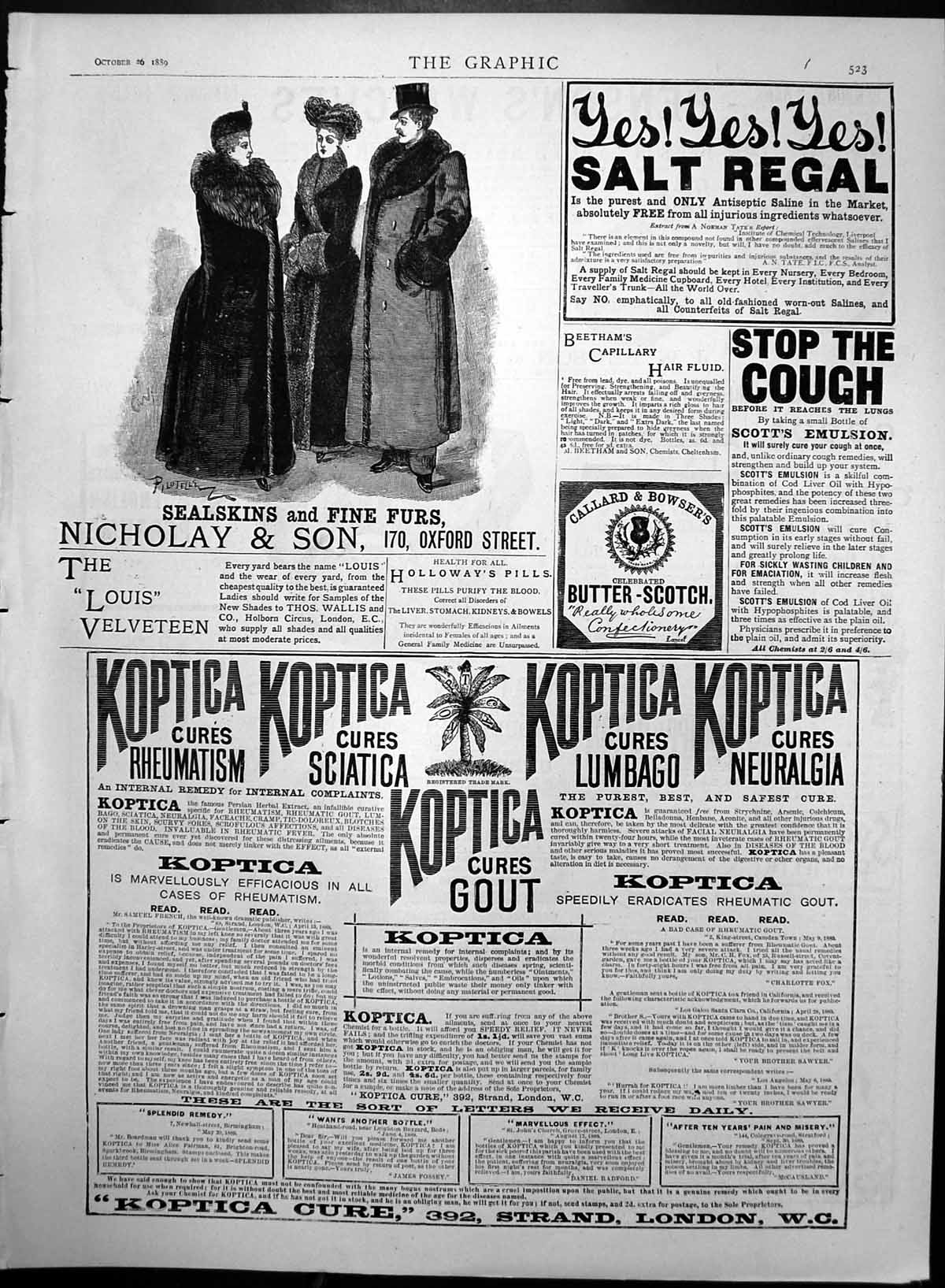 Antique Old Print Adverts Koptica Cures Salt Regal Scotts Emulsion Cough 1889