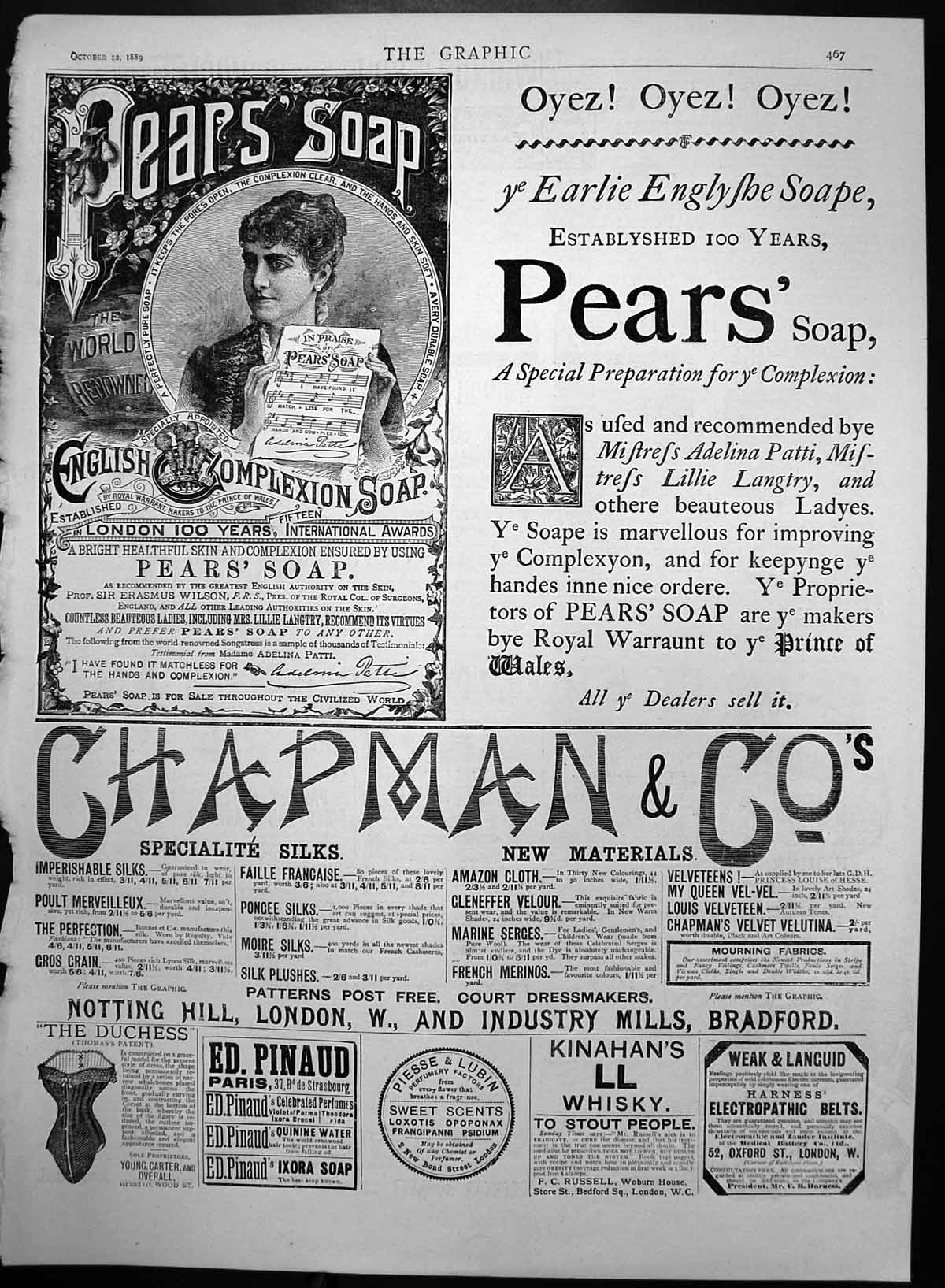 Antique Old Print Advert Pears Soap Chapman Silks Electropathic Belts 1889 19th